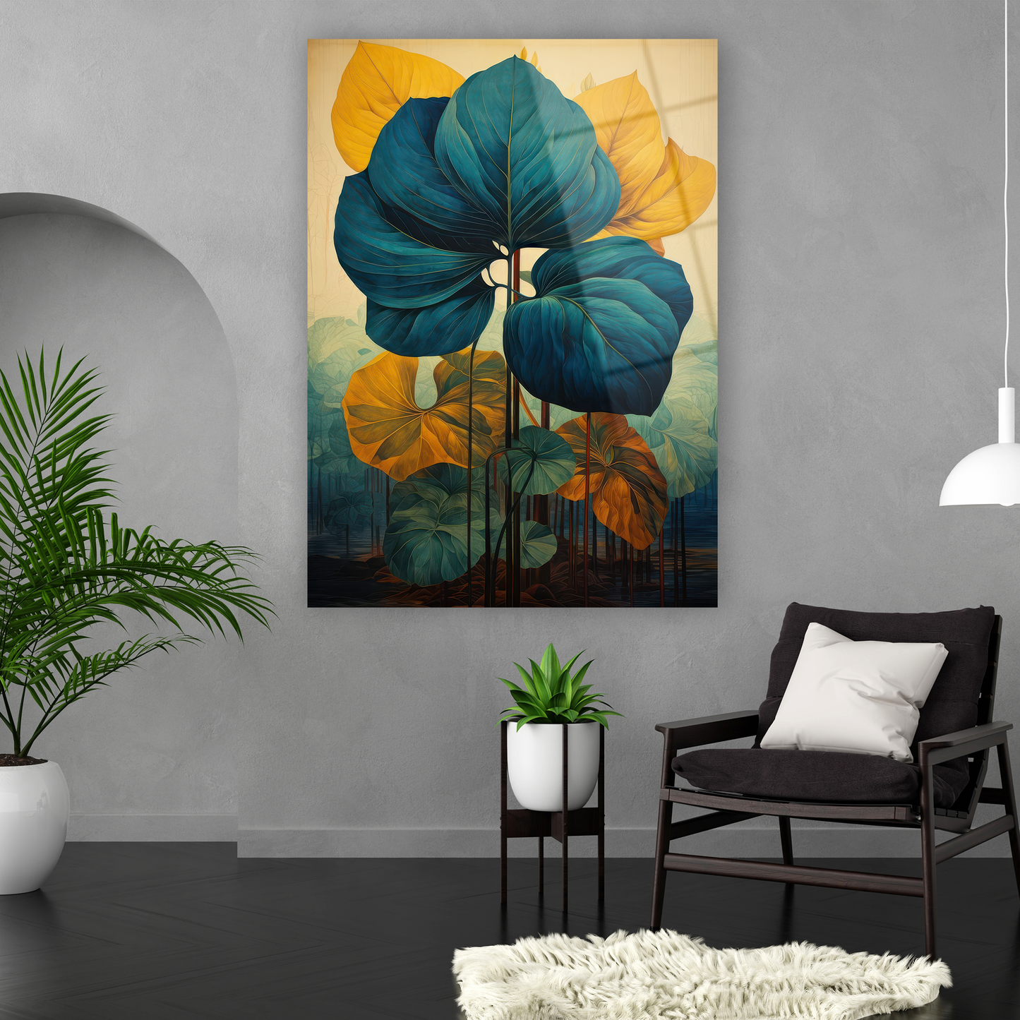 mavi ve sarı tonlu botanik illüstrasyon duvar dekoru