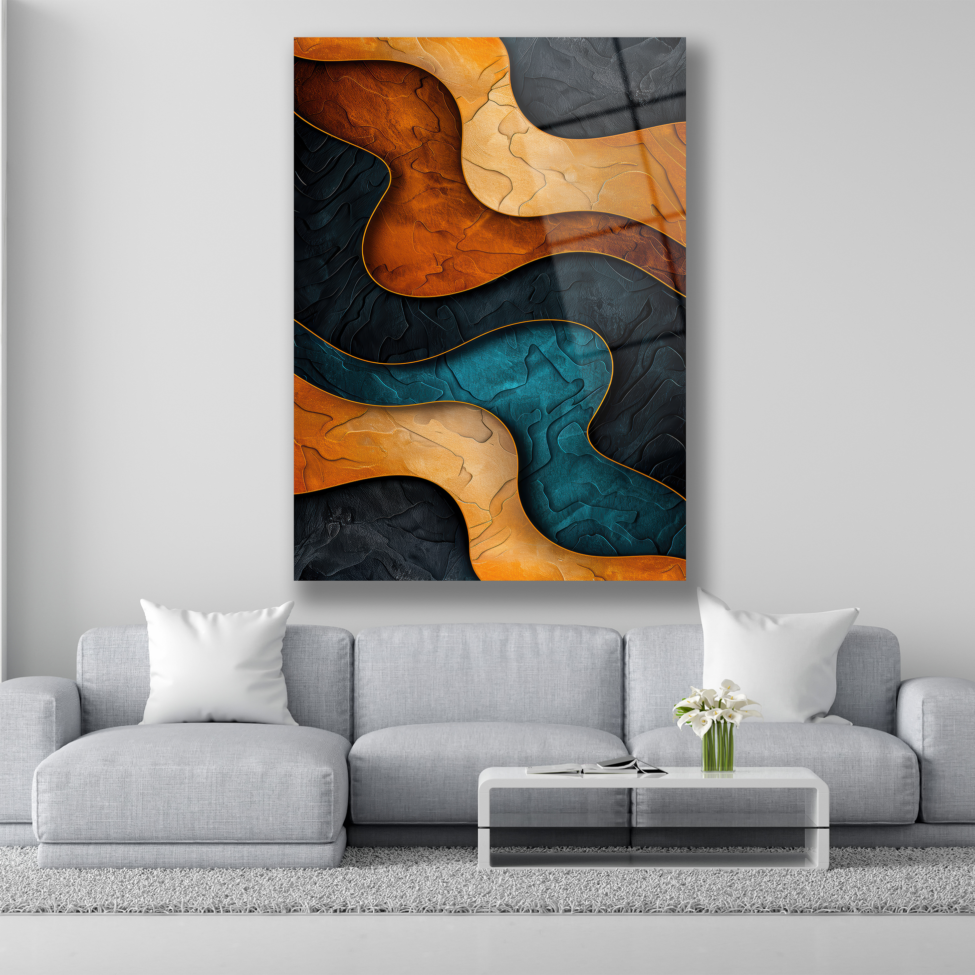 Modern Dokulu Soyut Katmanlar Cam Tablo Dekorica