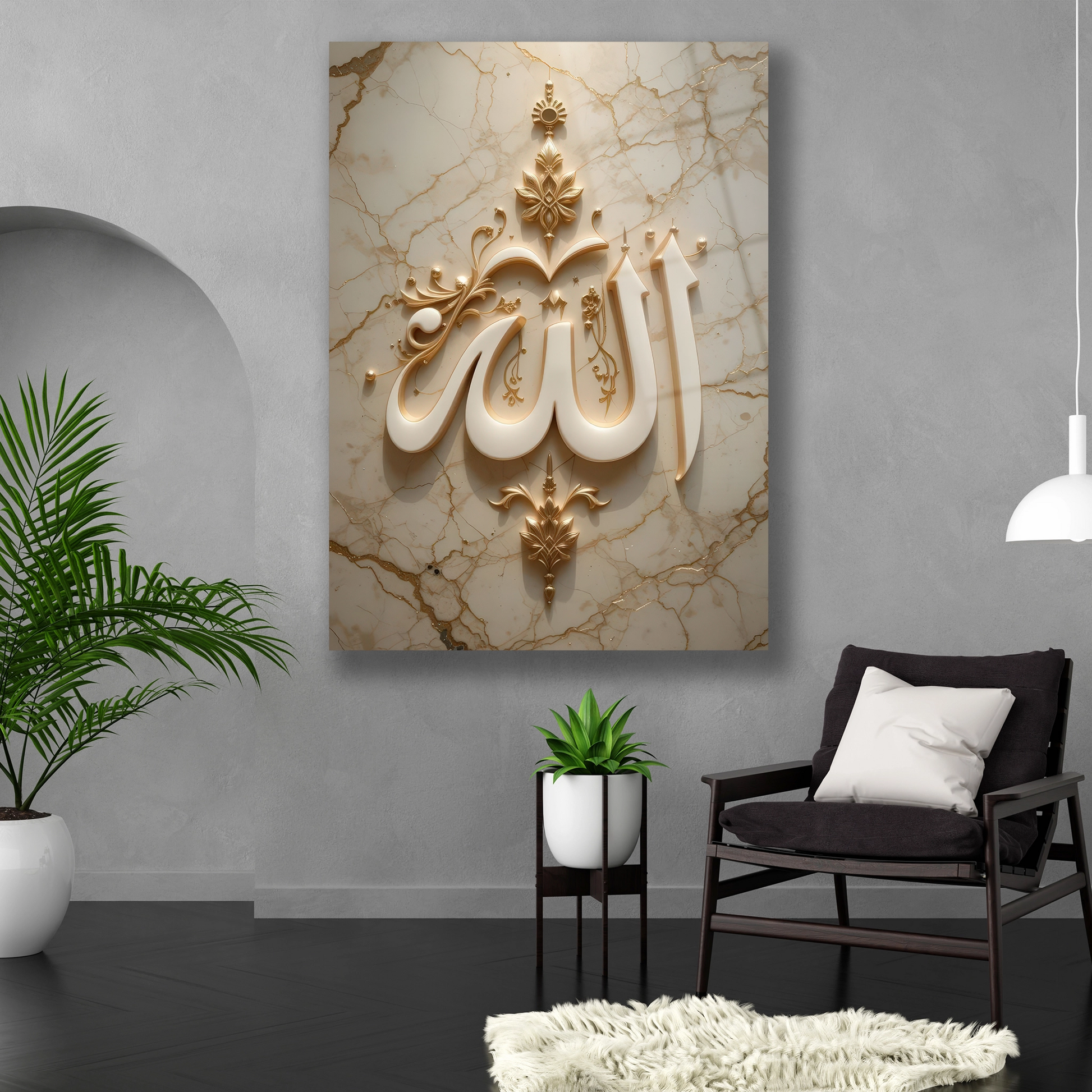 Dikey formda modern İslami dekorasyon temperli cam tablo