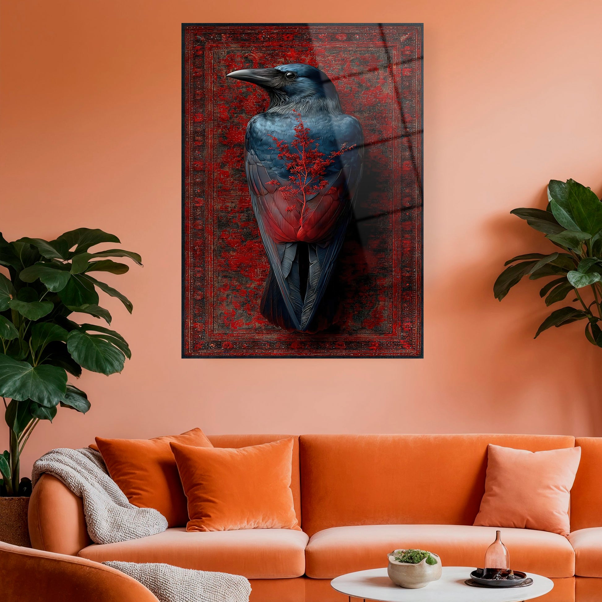 Sürreal karga ve kırmızı ağaç figürlü modern duvar sanatı