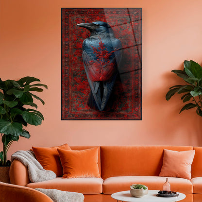 Sürreal karga ve kırmızı ağaç figürlü modern duvar sanatı