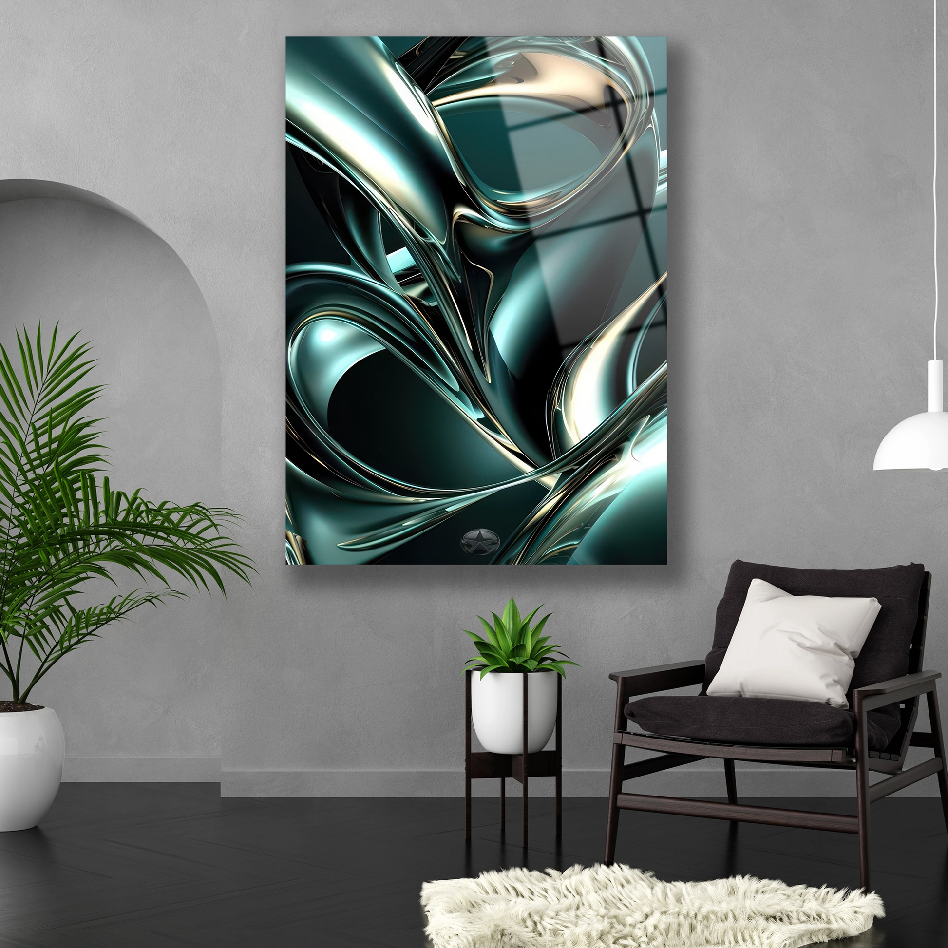 Dikey formda fütüristik soyut tasarım temperli cam tablo