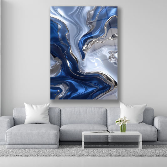 Modern Mavi Gümüş Soyut Cam Tablo Dekorica