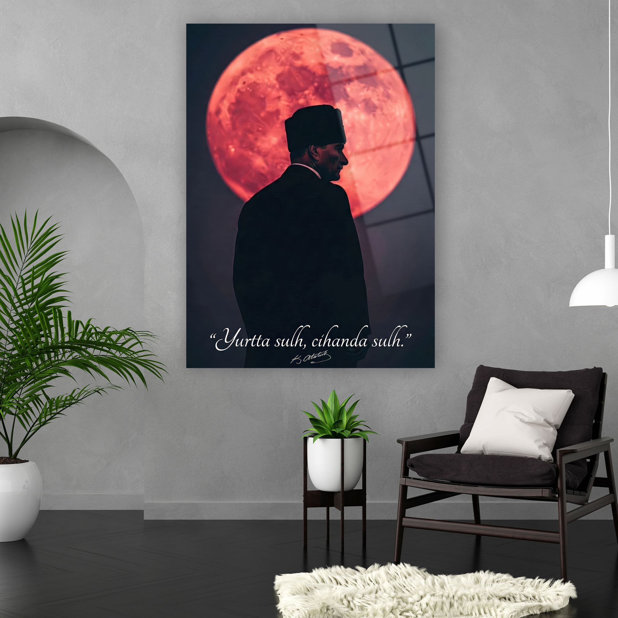 Gece göğü ve ay önünde Atatürk portresi tablo tasarımı
