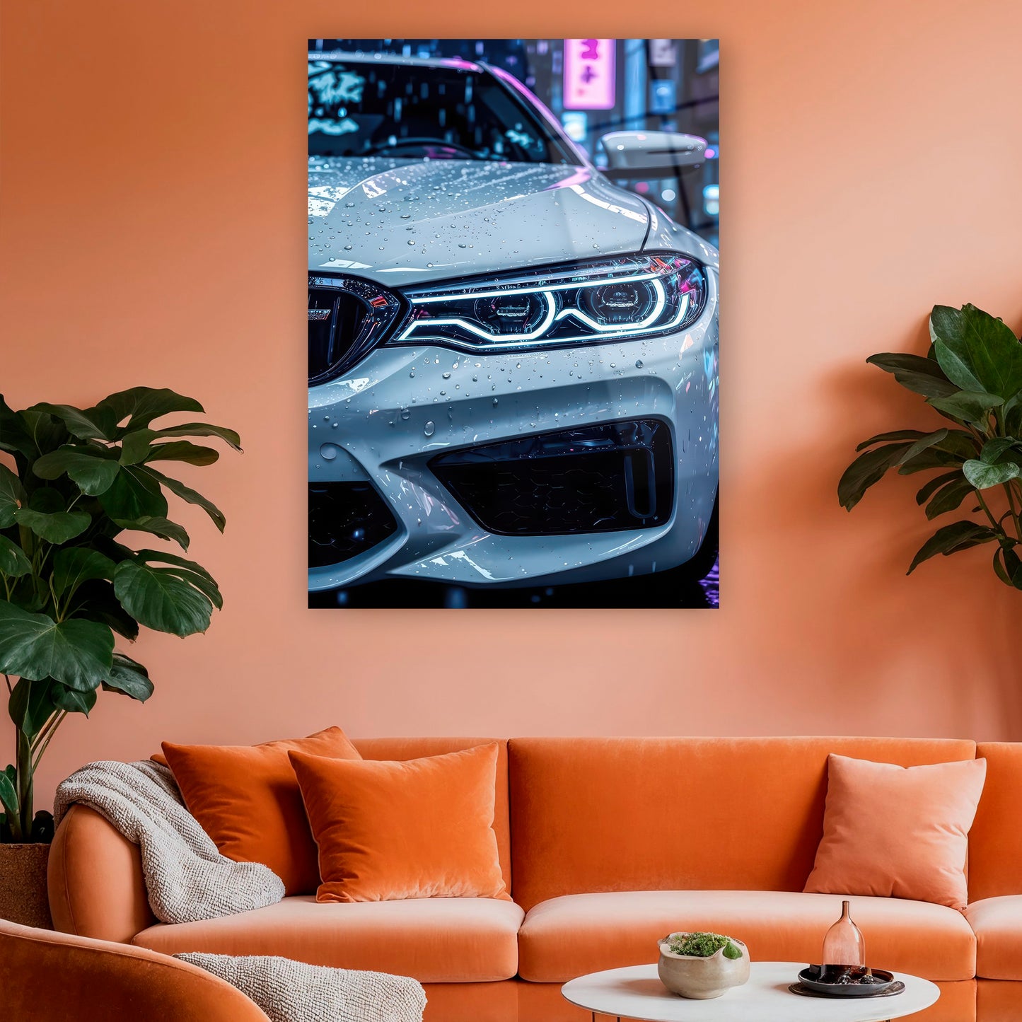 modern otomobil far detaylı lüks cam duvar sanatı