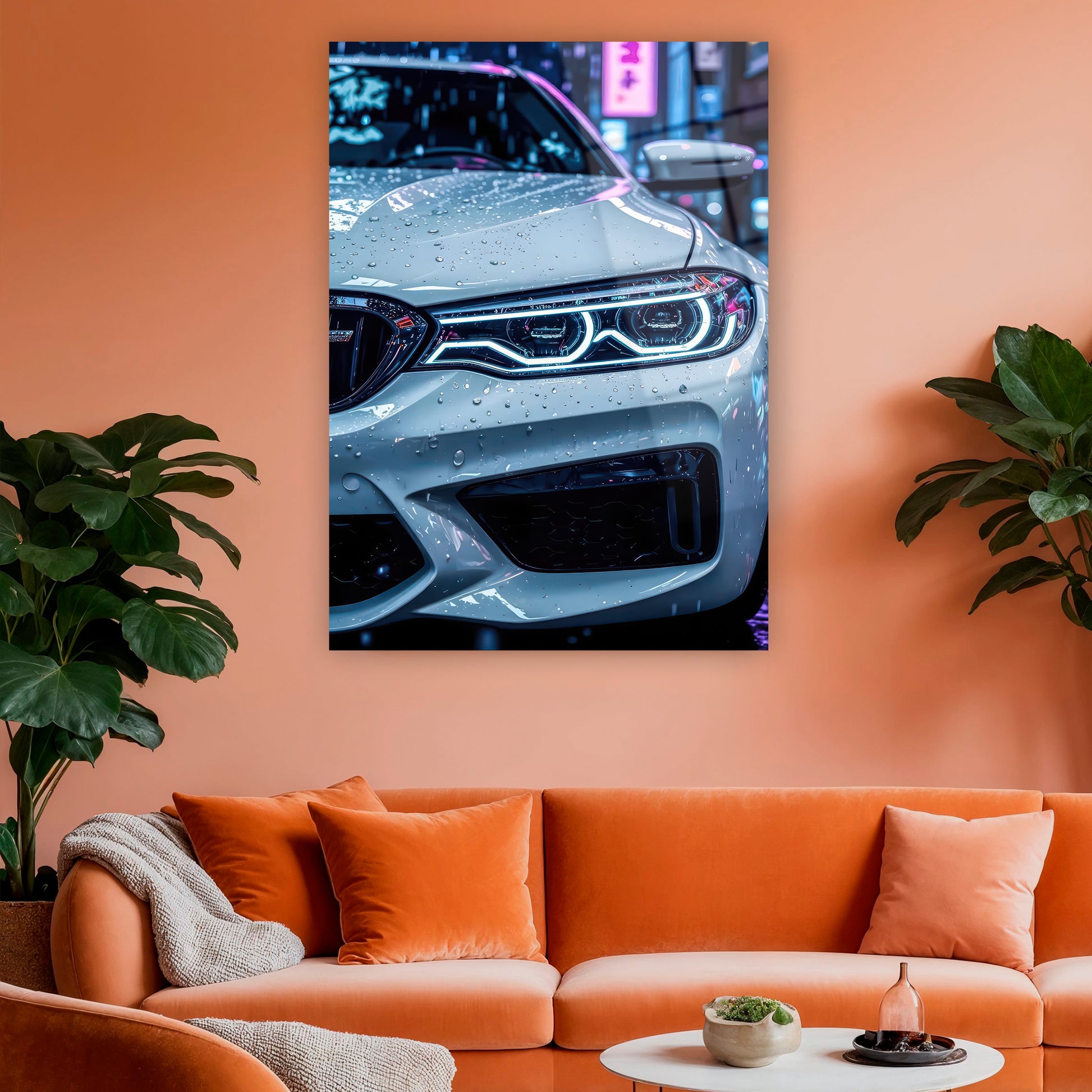 modern otomobil far detaylı lüks cam duvar sanatı