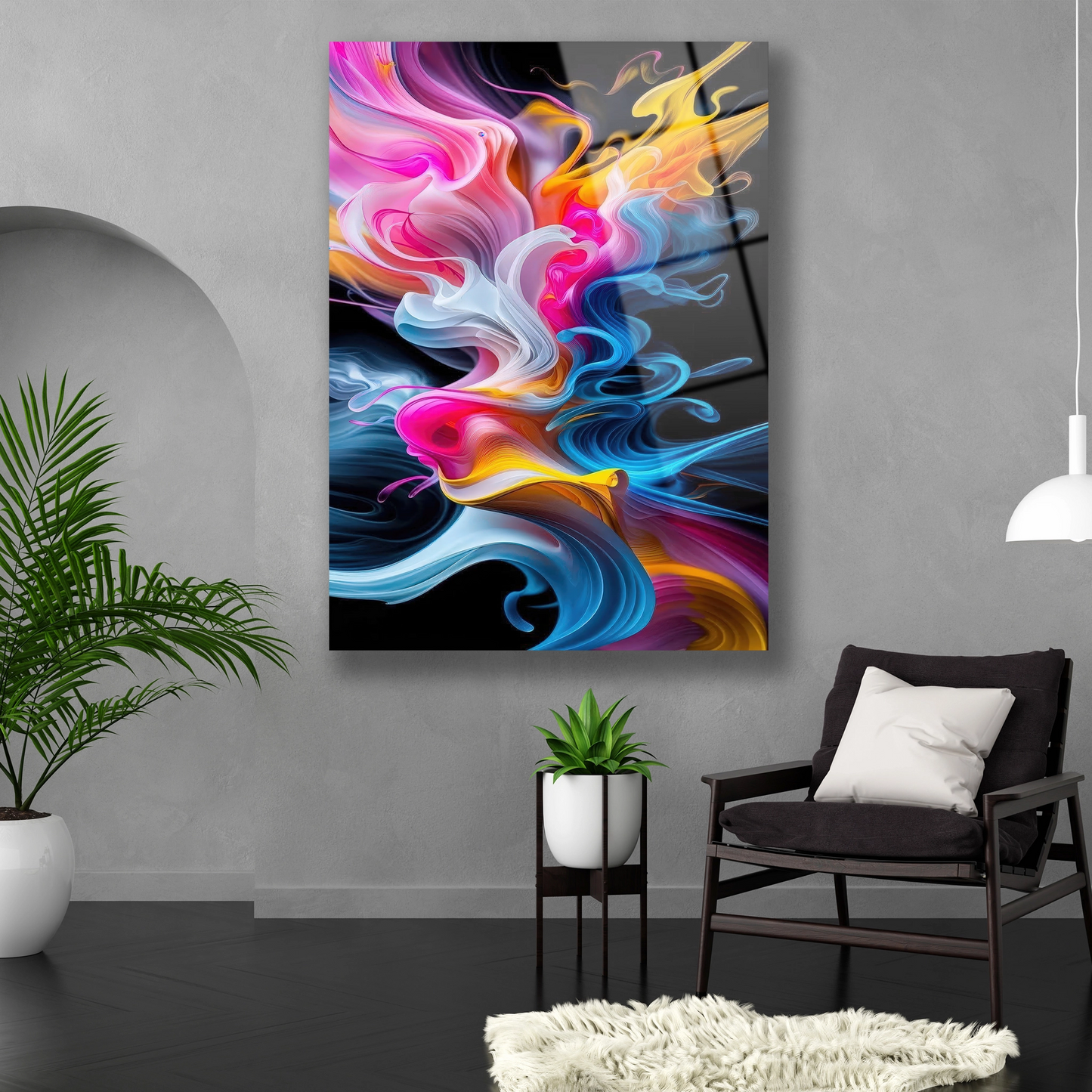 Dikey formda renklerin dansı temalı temperli cam tablo