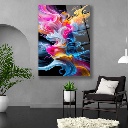 Dikey formda renklerin dansı temalı temperli cam tablo
