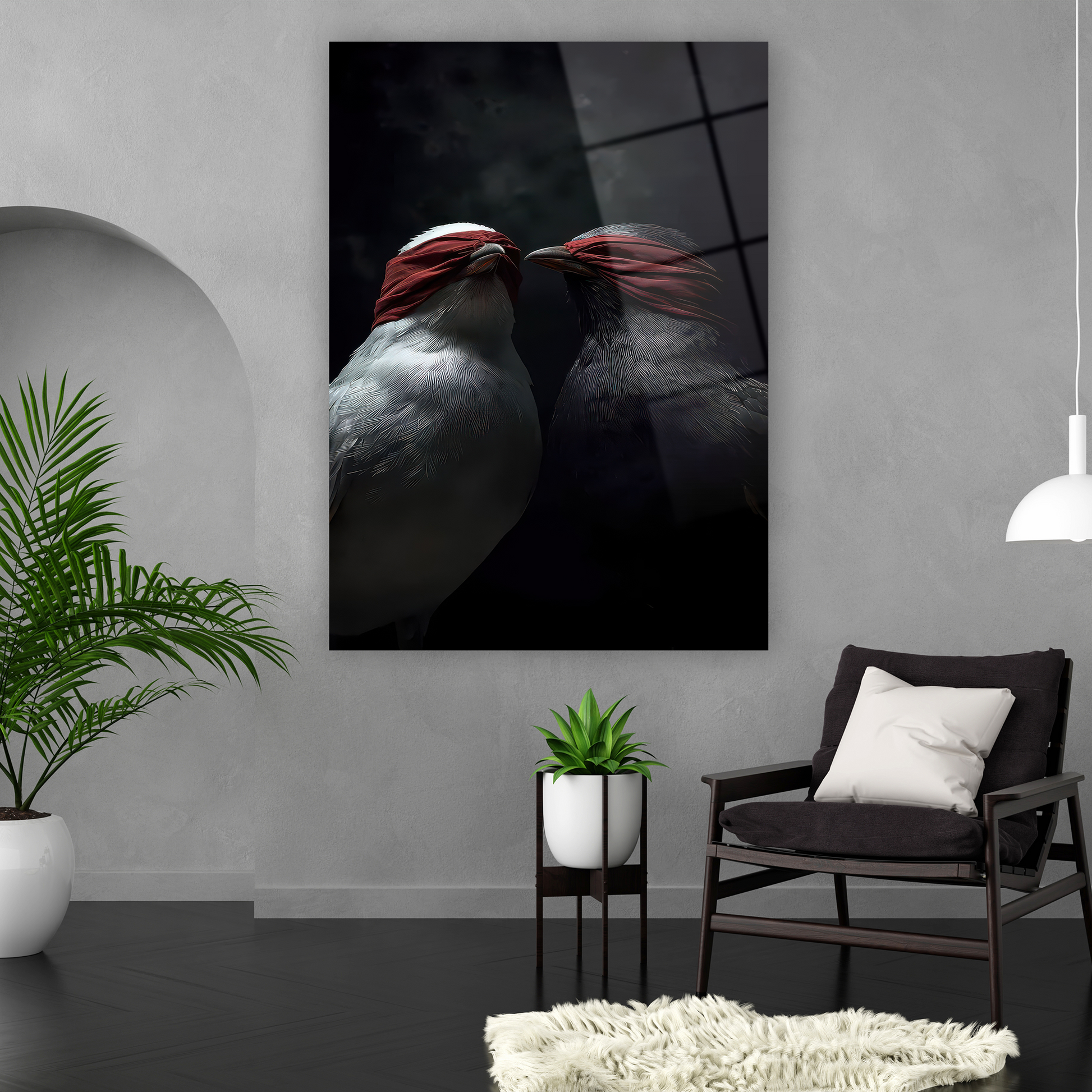 modern adalet temalı sürreal kuş illüstrasyonu cam baskı