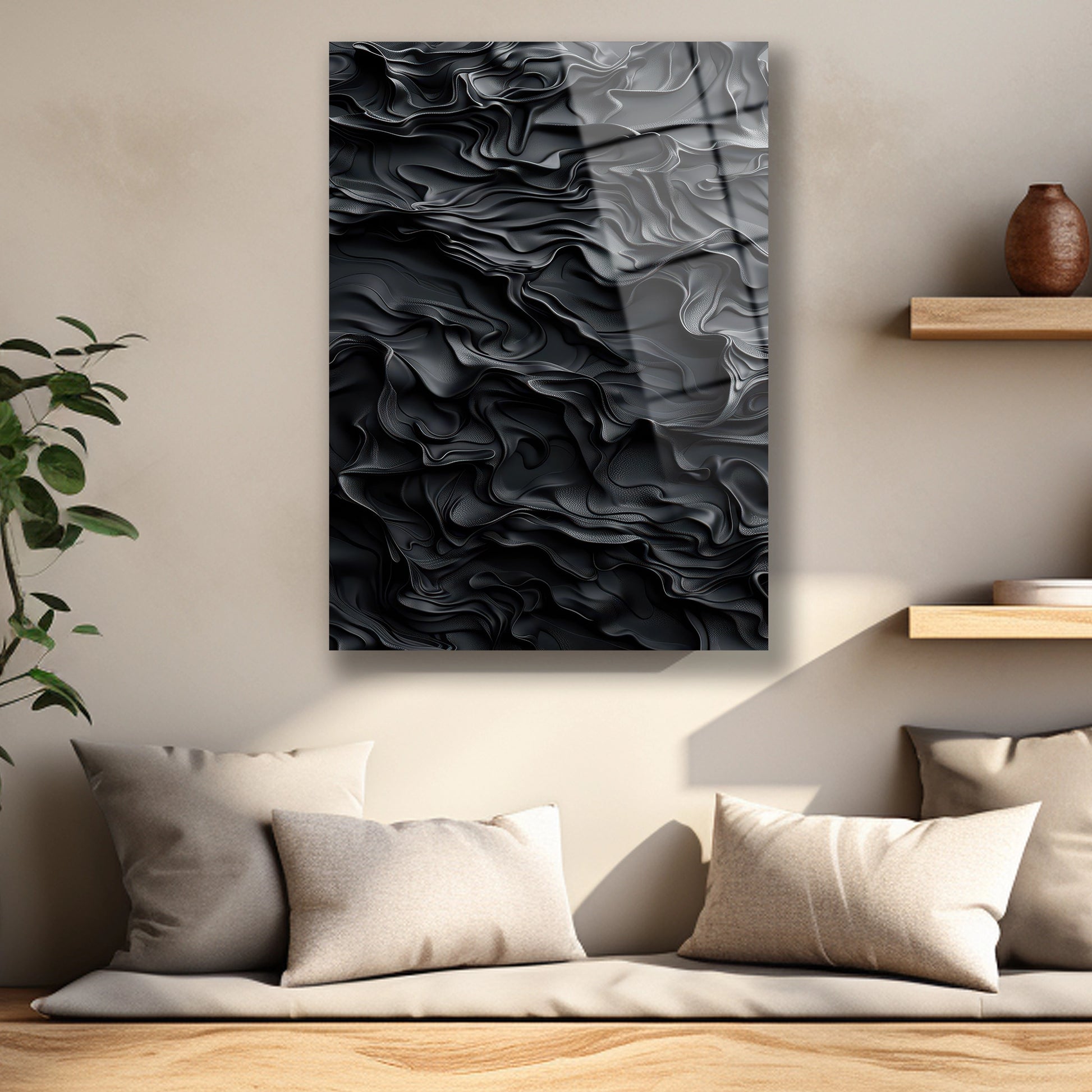 Siyah sıvı metal efekti veren kabartma görünümlü cam baskı