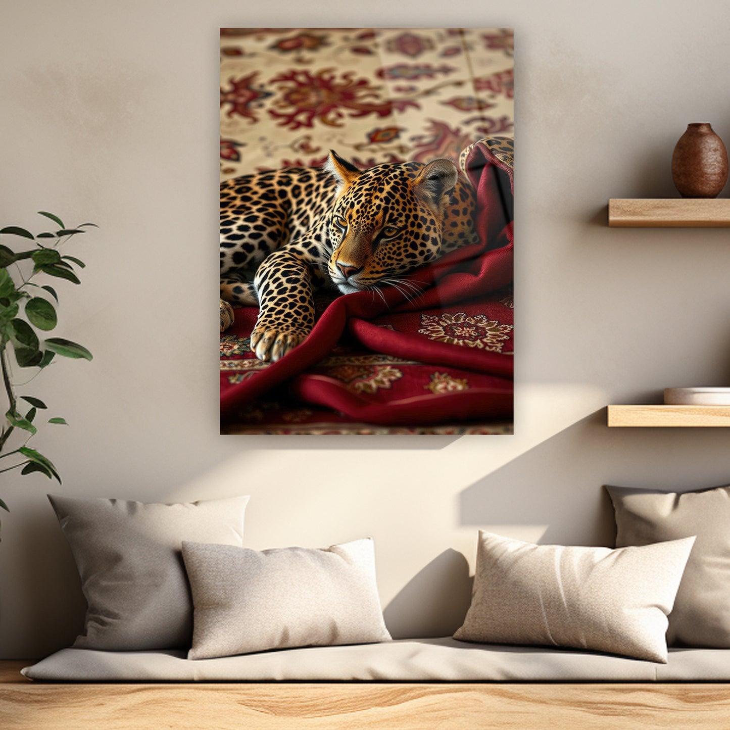 Turuncu duvar dekoruna uygun lüks leopar desenli tablo