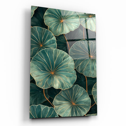 Modern Botanik: Altın Detaylı Nilüfer Yaprakları Cam Tablo