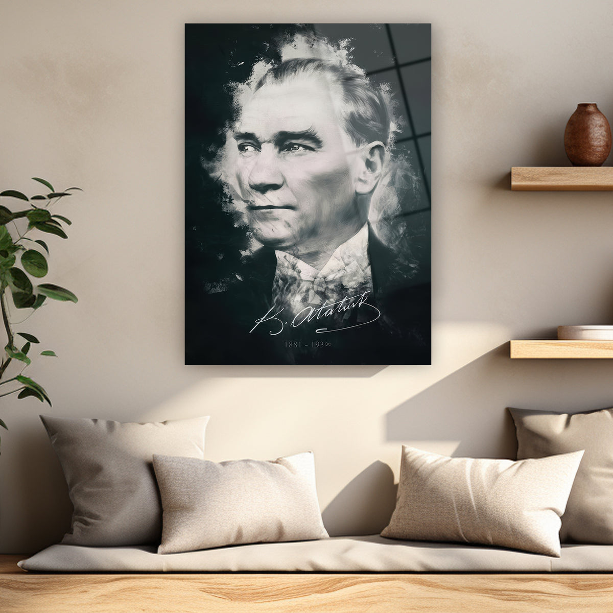 Fırça efektli siyah beyaz Atatürk duvar tablosu