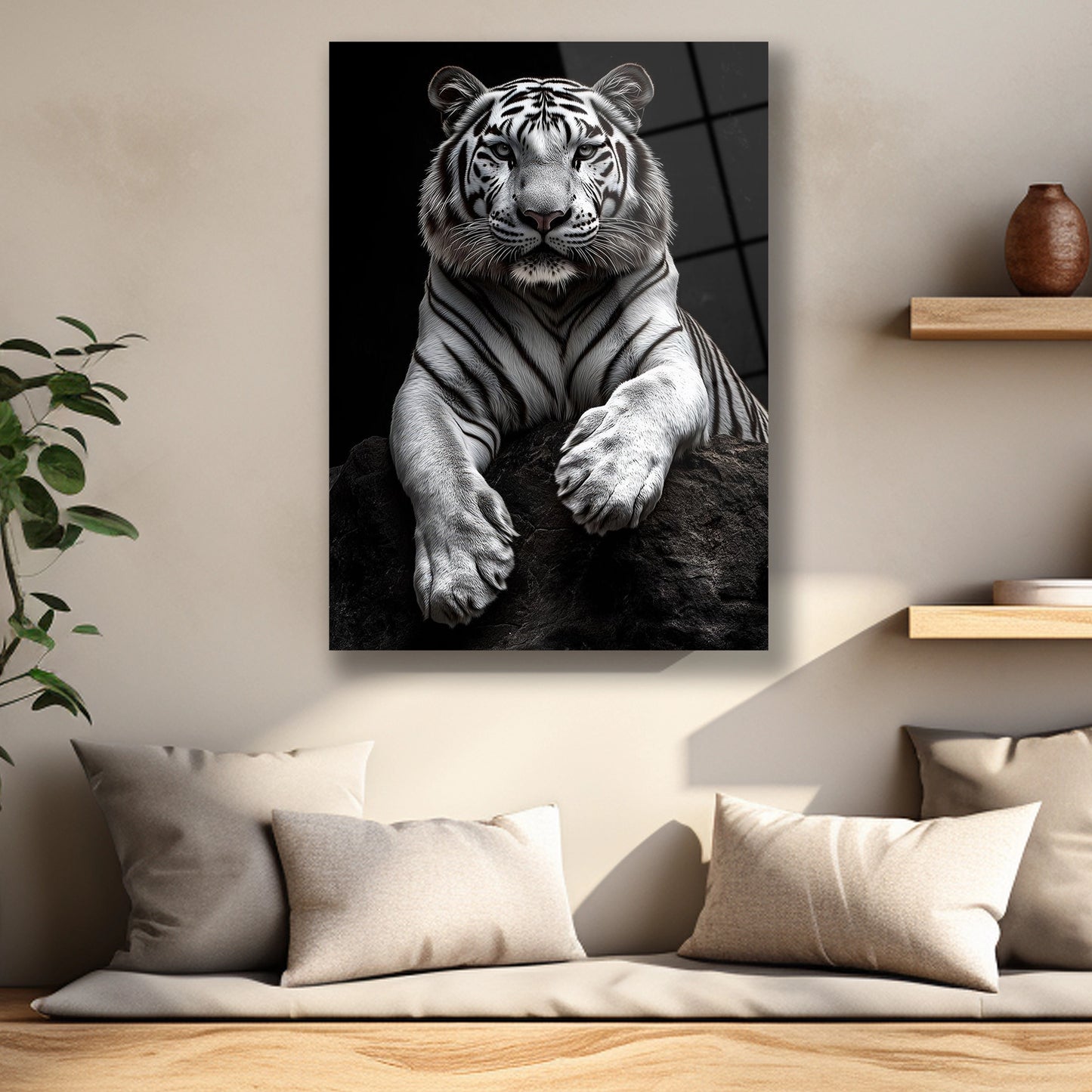 Beyaz kaplanın yüz detaylarını ve pençelerini gösteren siyah beyaz baskı