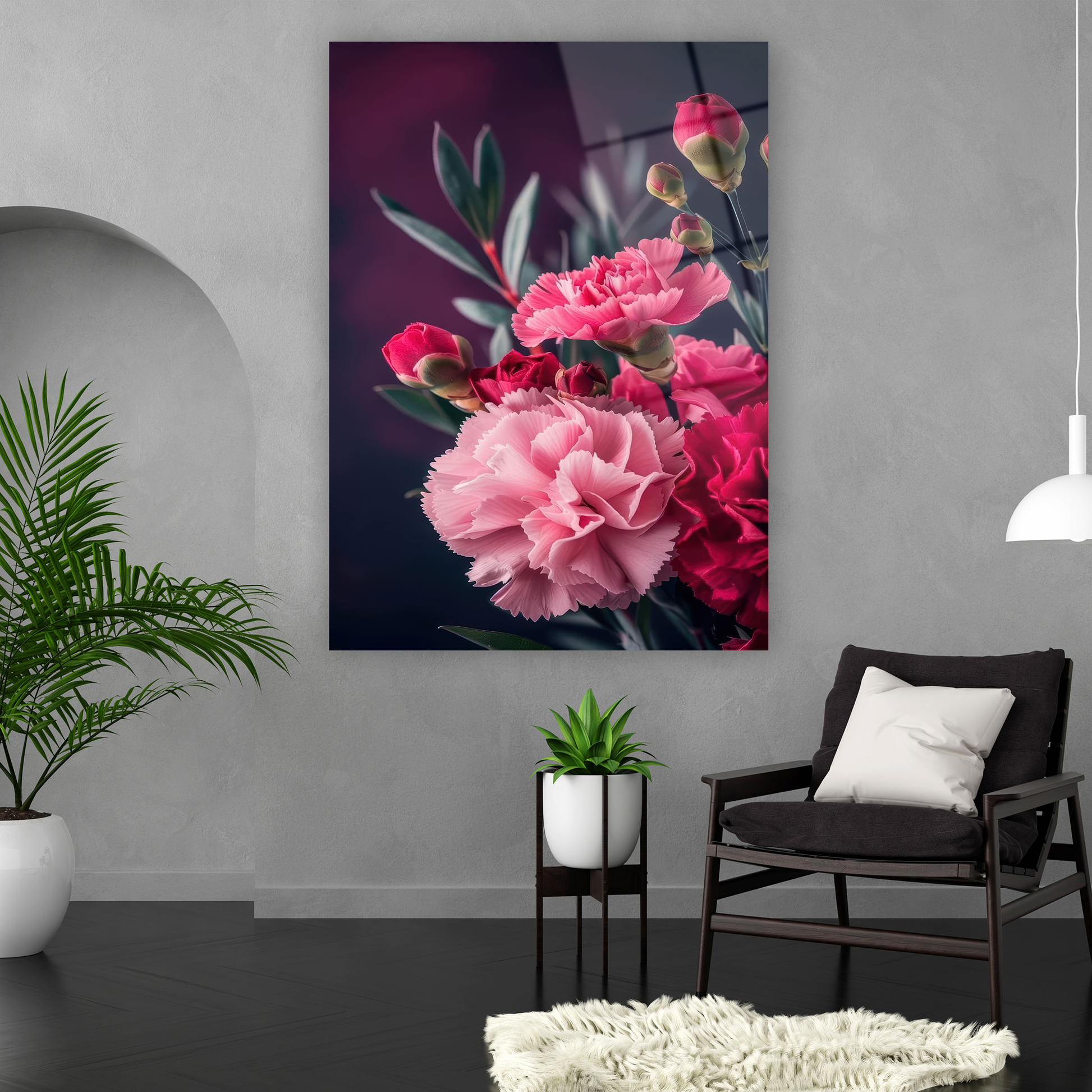 pink and red carnations floral glass art