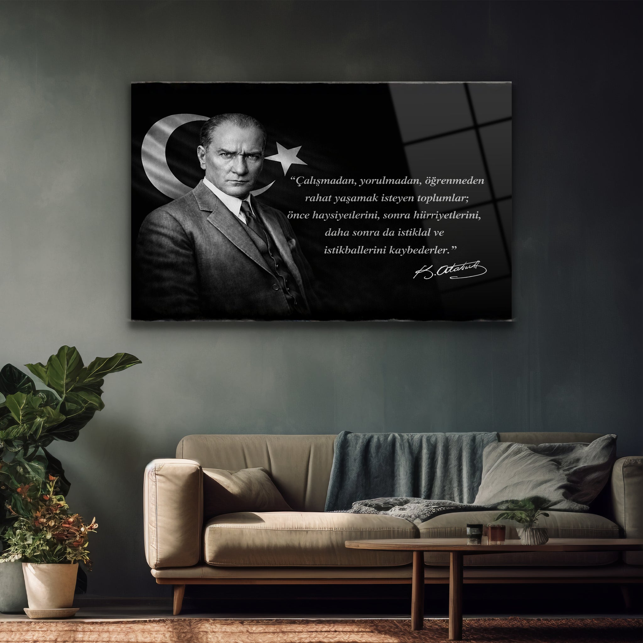 makam odası ofis için lüks atatürk temperli cam sanatı