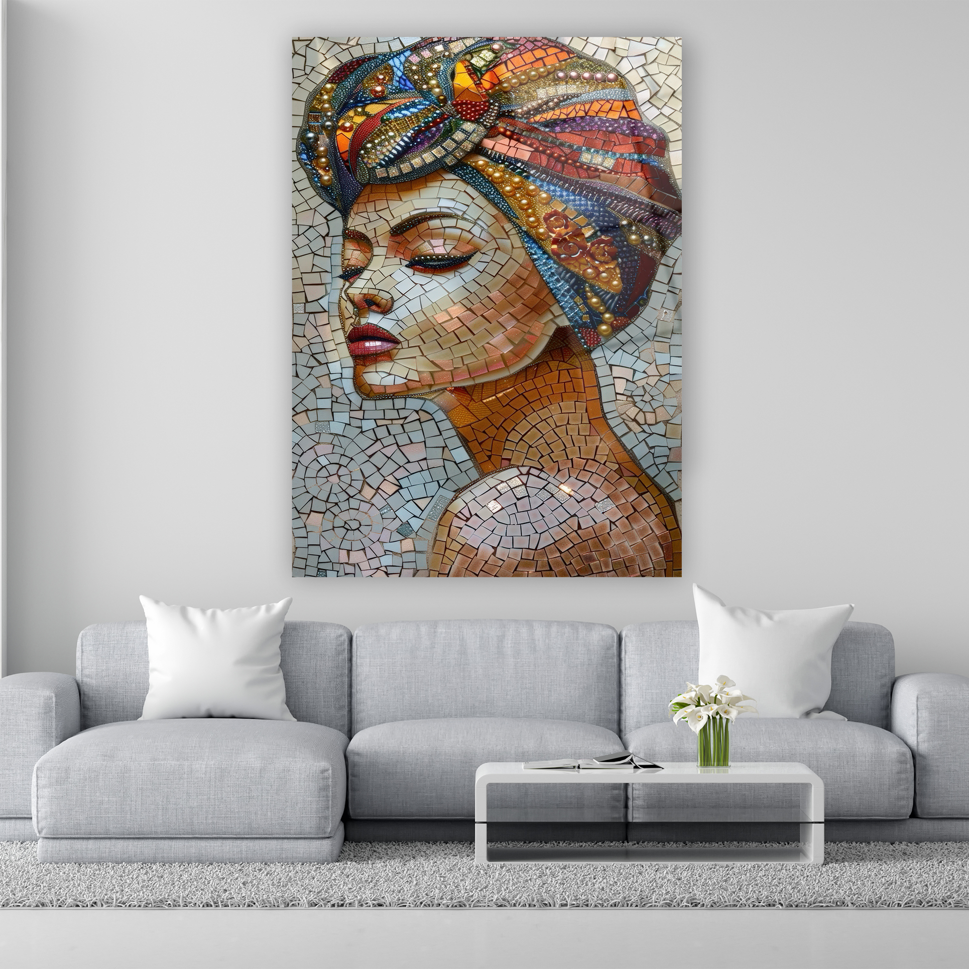 renkli mozaik görünümlü kadın portresi cam tablo