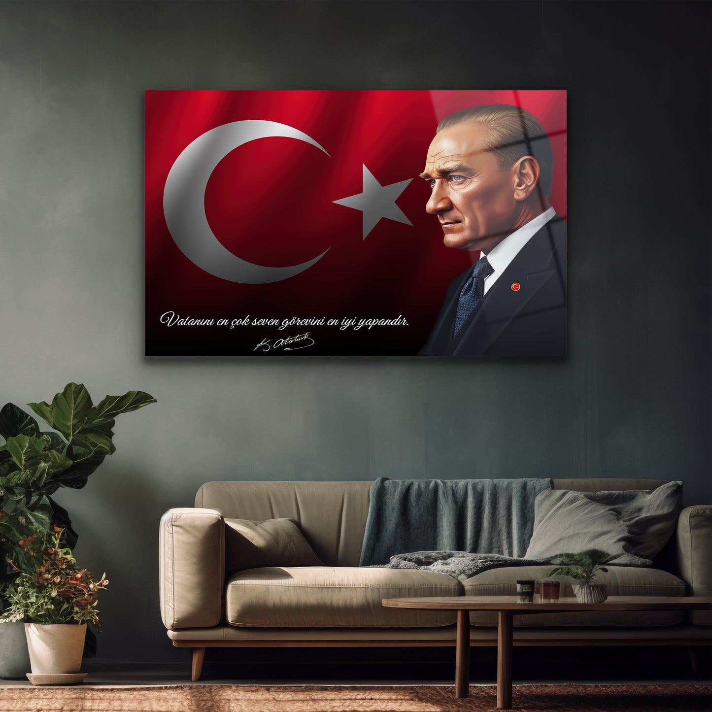 kırmızı bayrak fonlu makam odası duvar dekoru