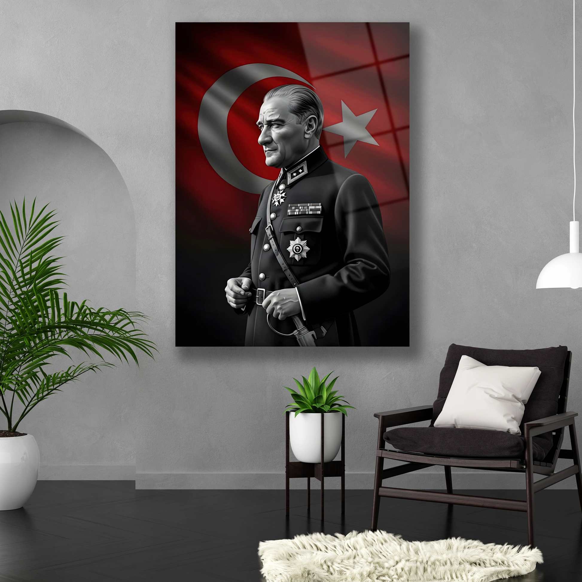 Dikey formda profil duruşlu Mustafa Kemal Atatürk cam baskı