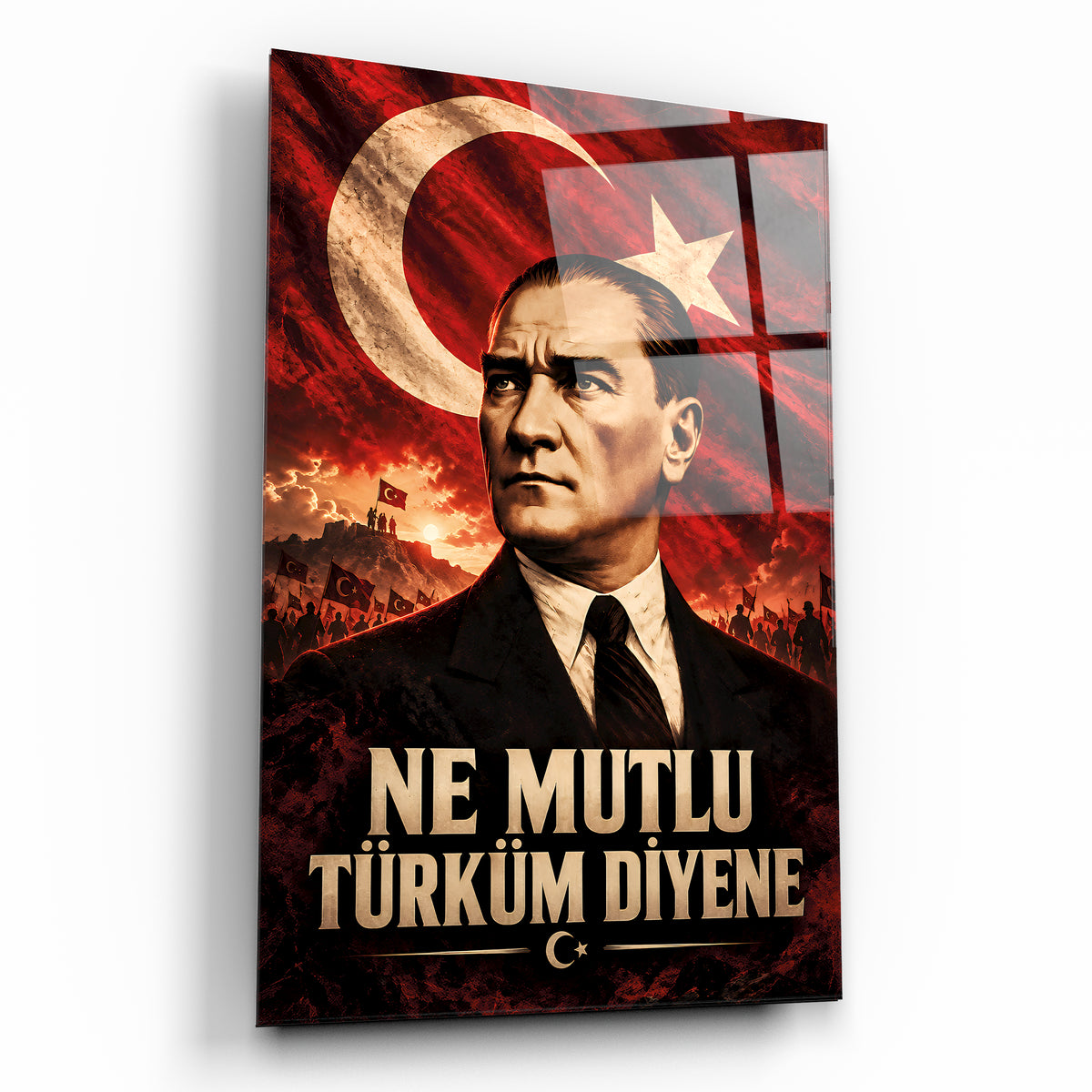 Ne Mutlu Türküm Diyene yazılı Türk bayraklı Atatürk cam tablo
