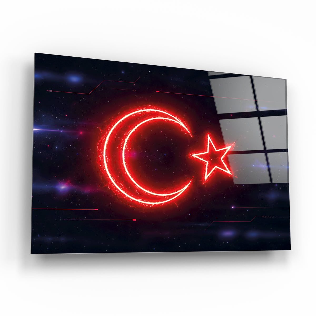 Karanlık uzay fonunda kırmızı neon ay yıldız cam tablo