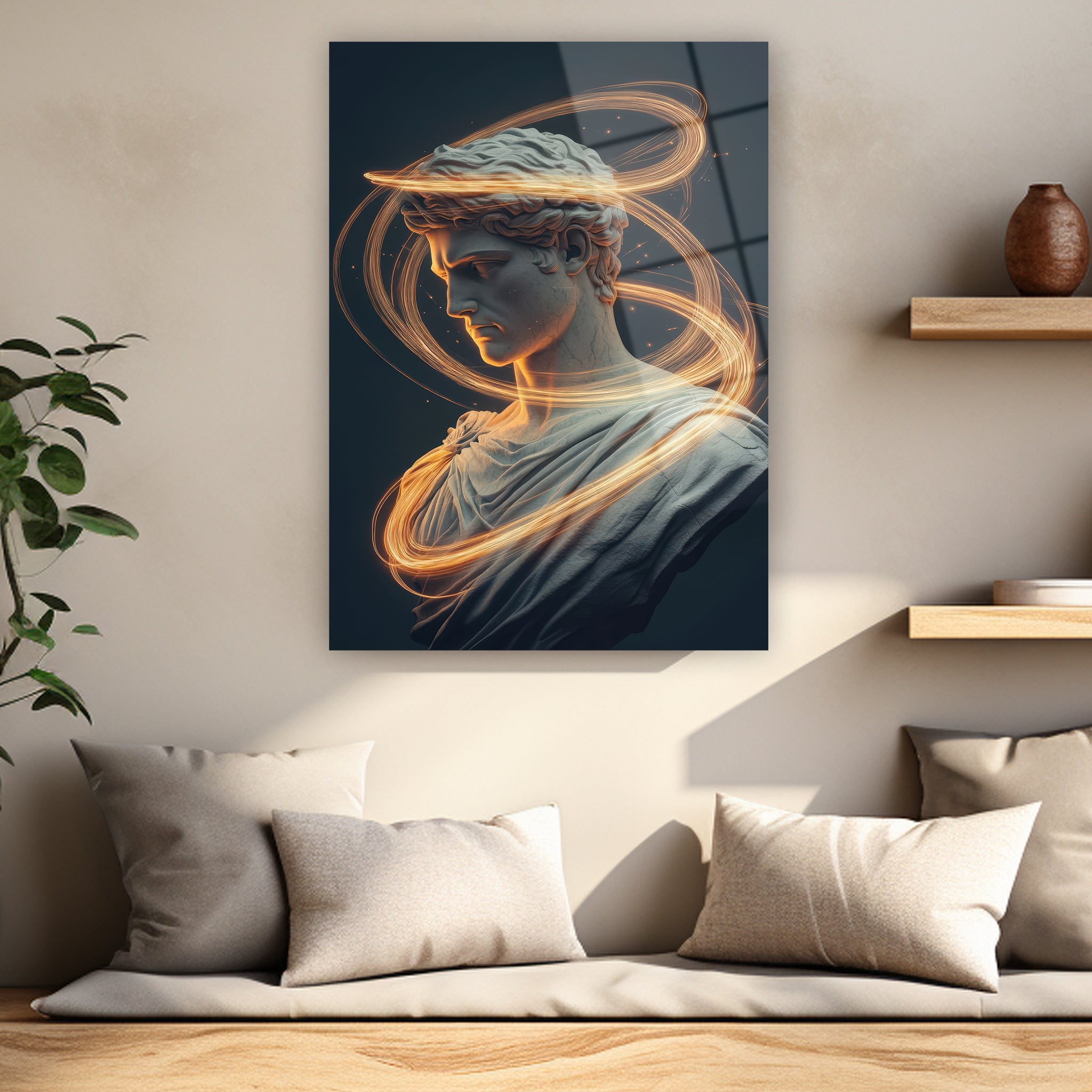 turuncu neon ışık efektli mermer heykel posteri