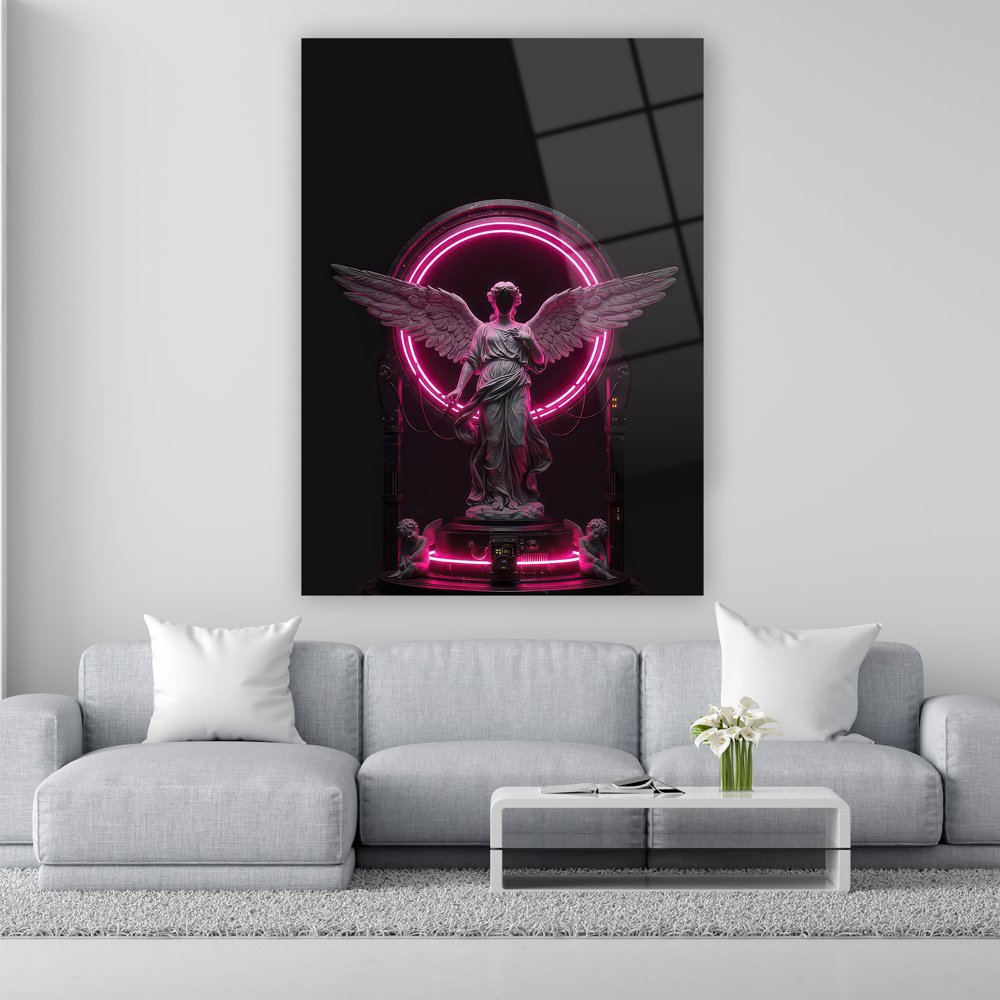 neon pink halo angel statue glass art