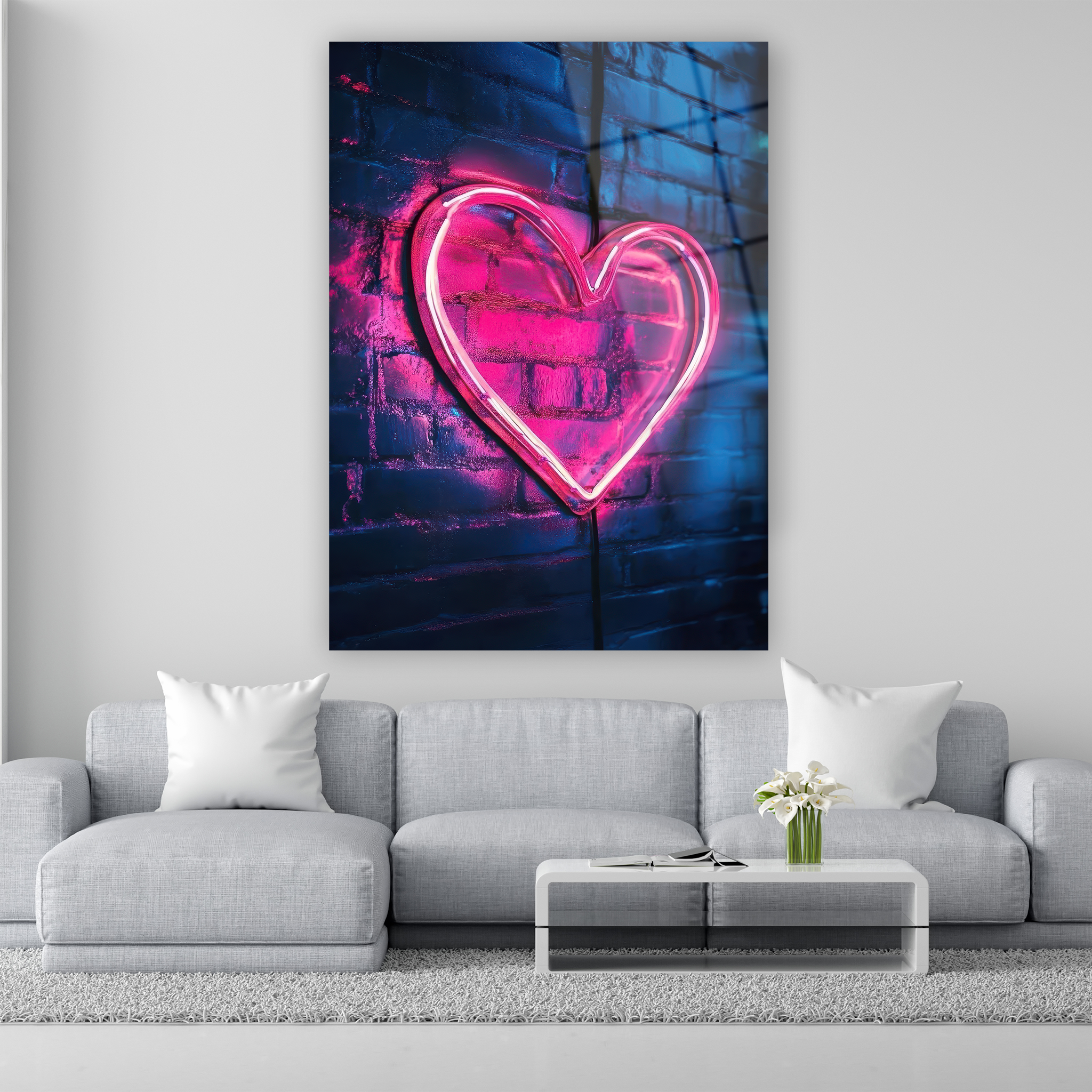 neon pink heart sign on brick wall glass art