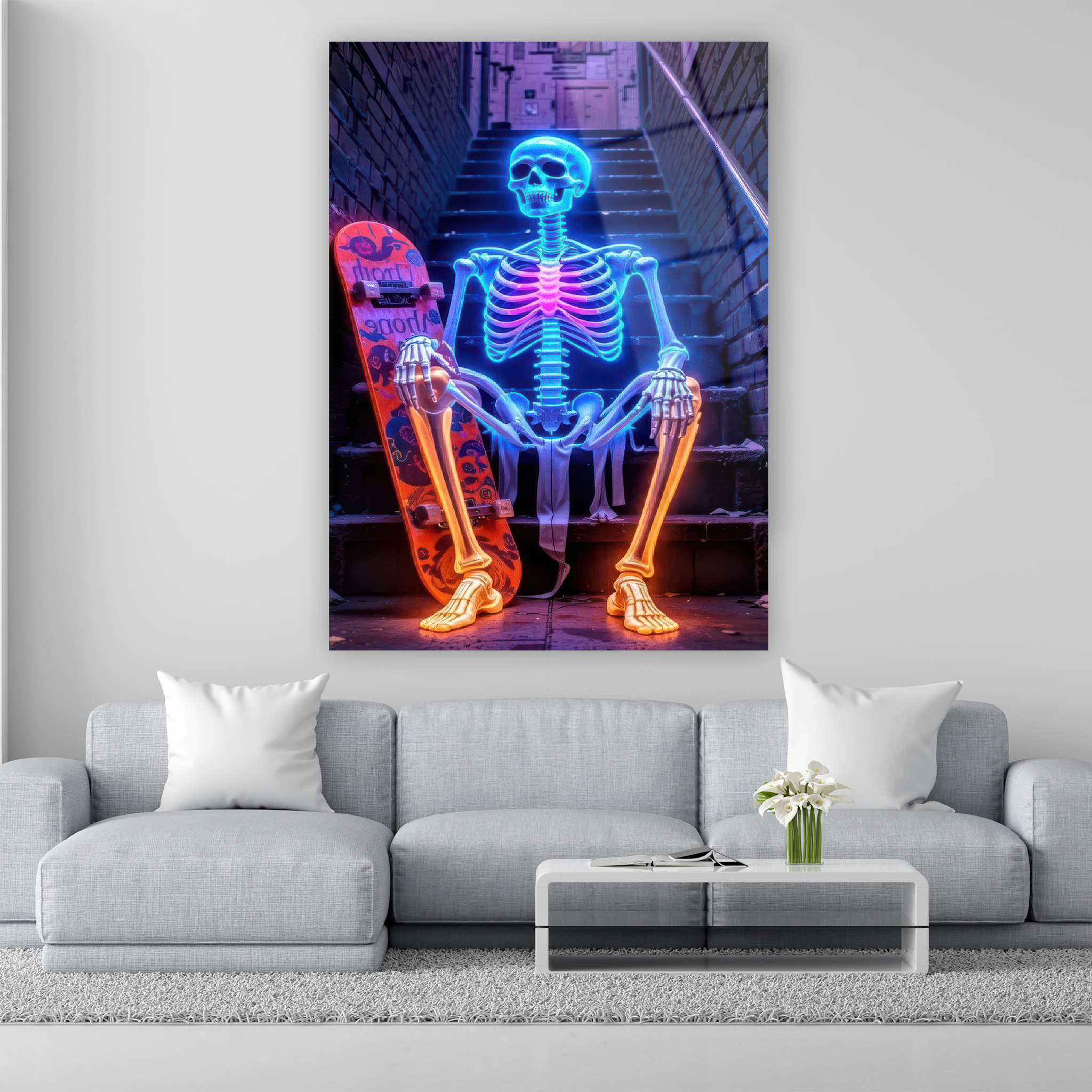neon ışıklı kaykaycı iskelet cam tablo