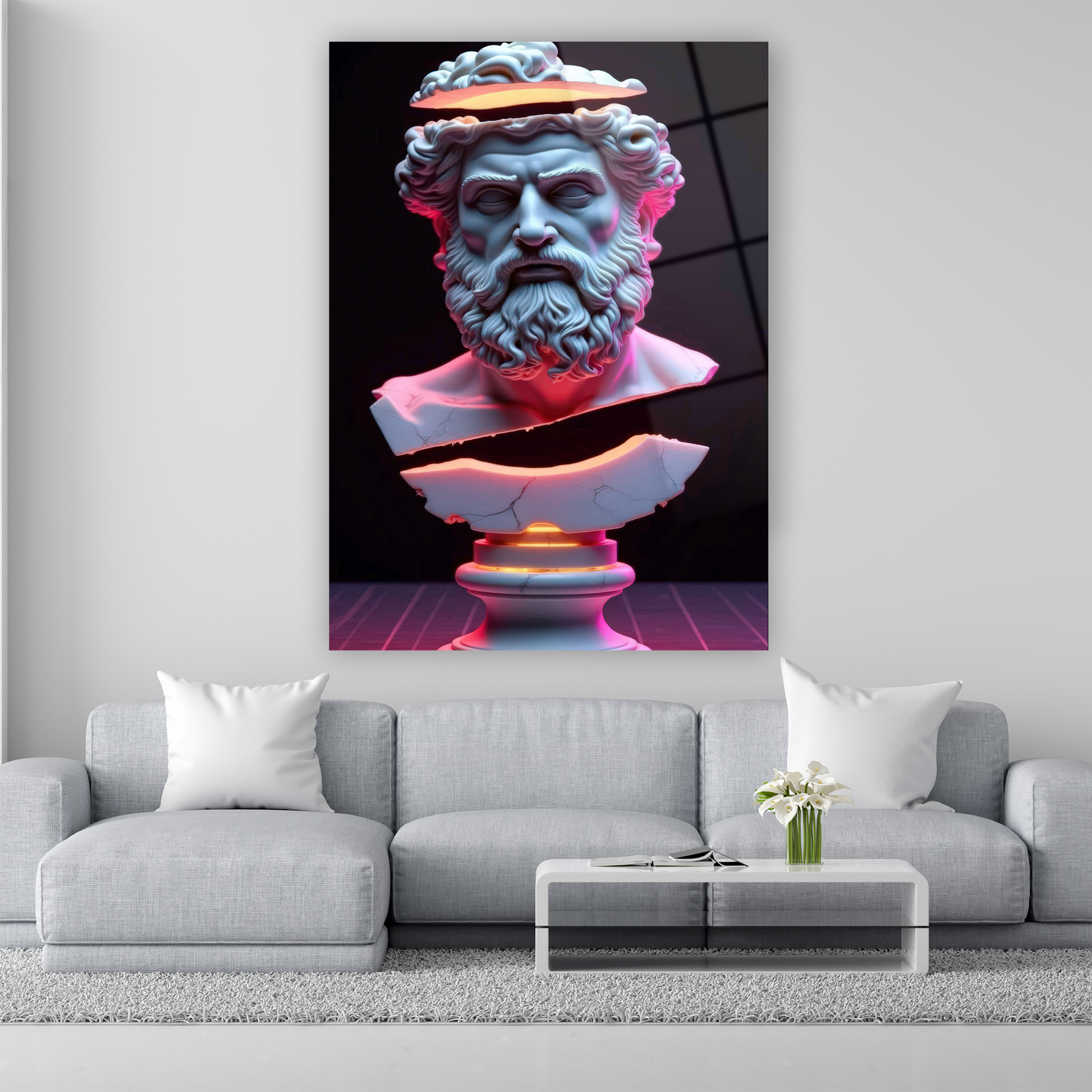 neon ışıklı parçalanmış antik büst cam tablo