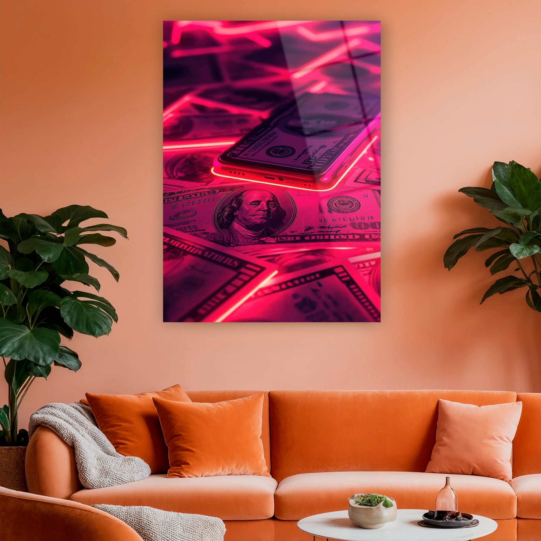 neon pink dollar bills and smartphone glass art