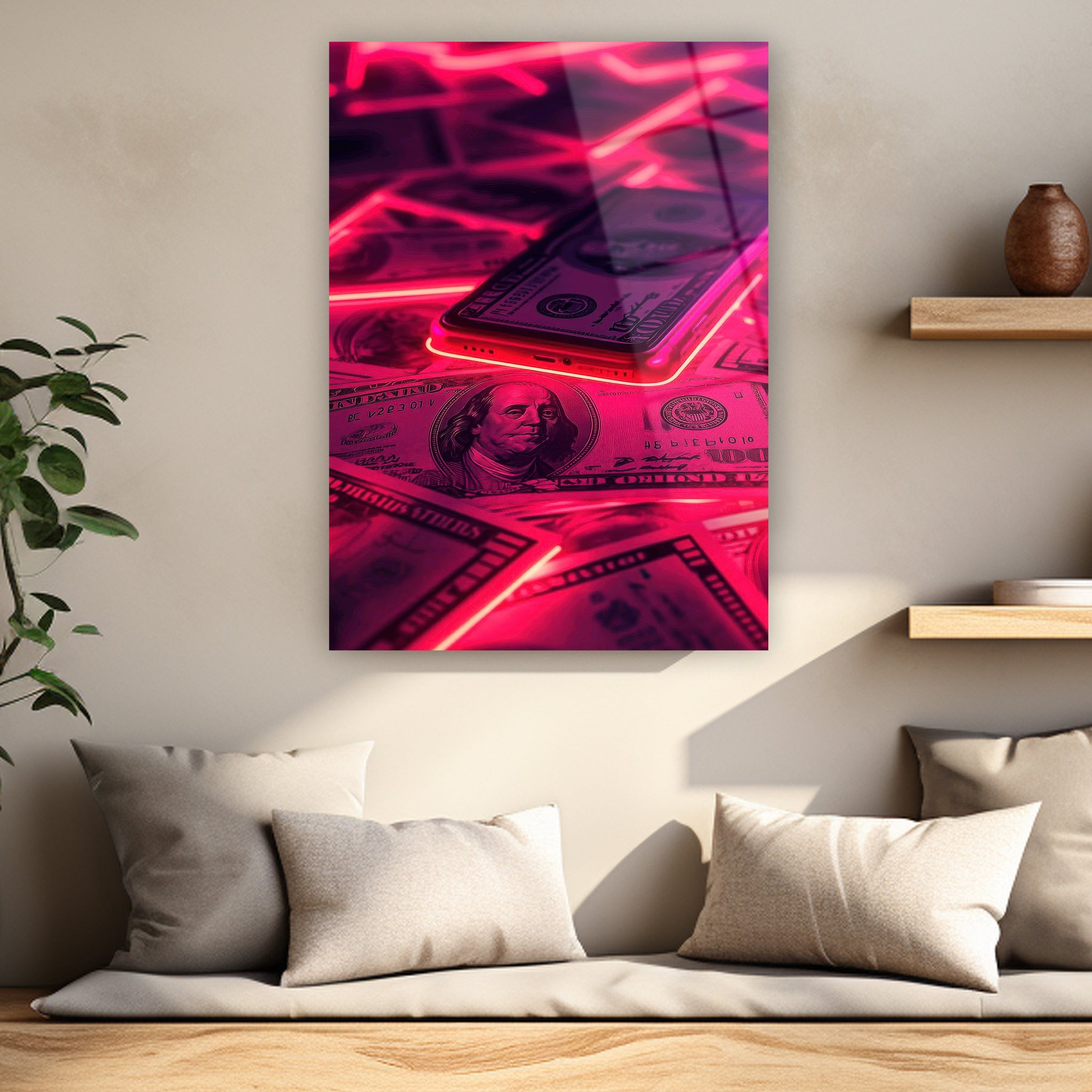 neon pembe ışıklı dolar ve telefon cam tablo