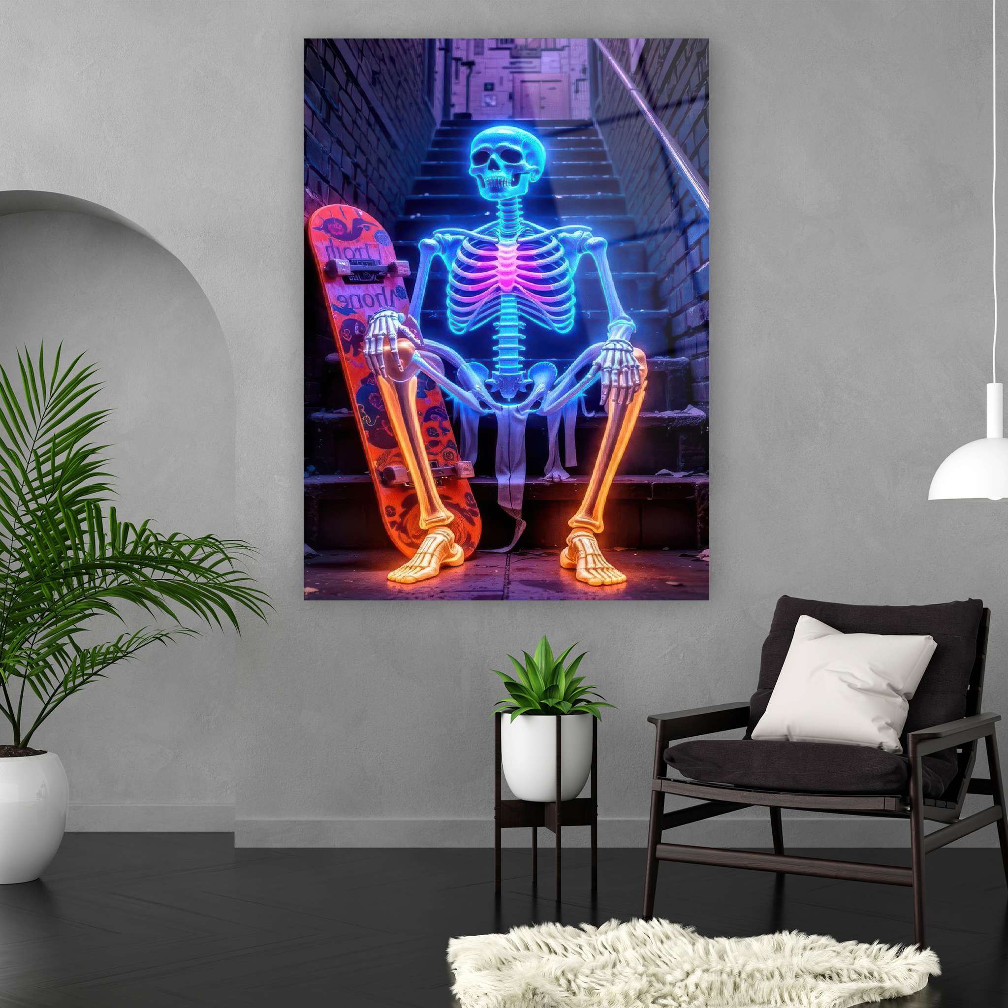 neon skeleton skater on stairs glass art