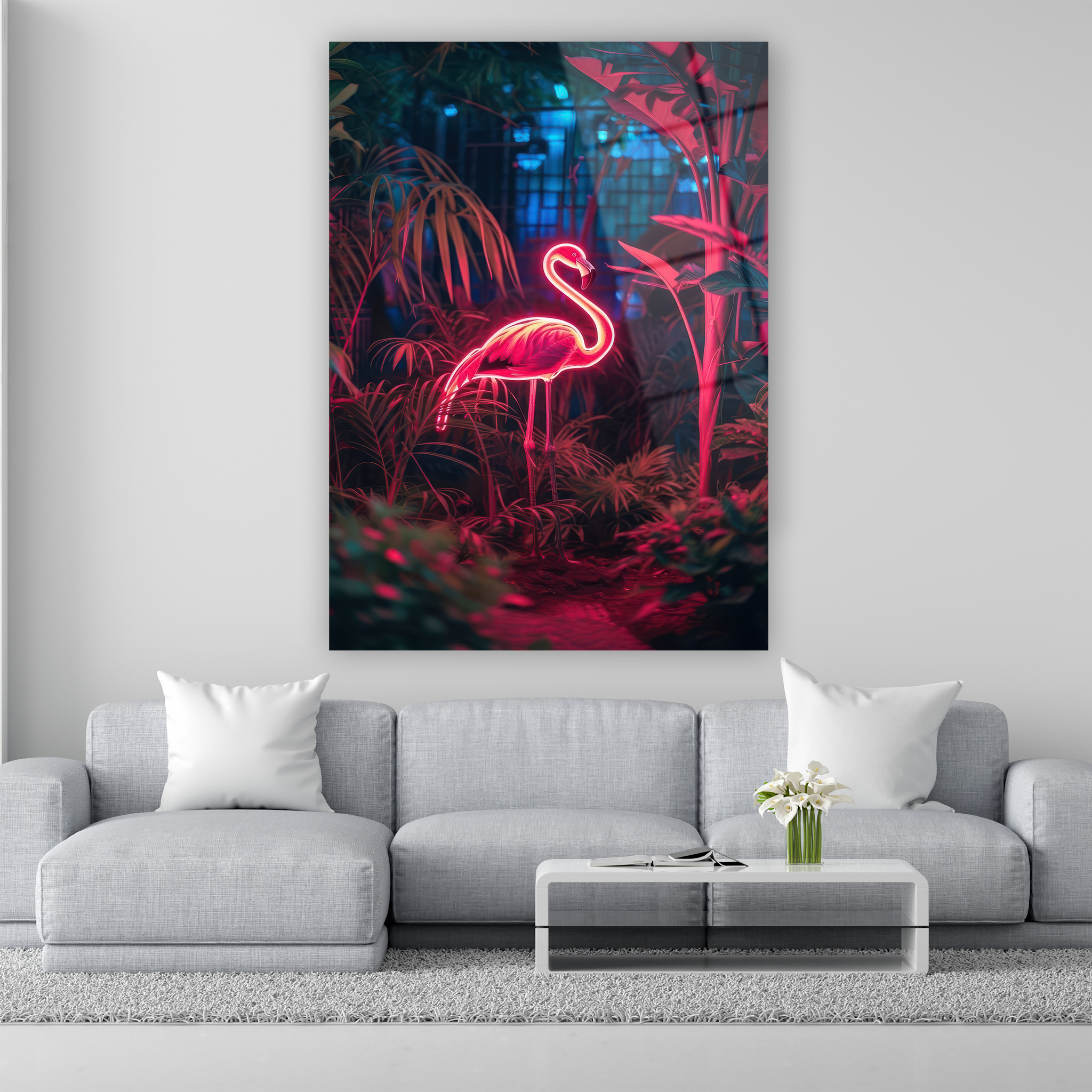 neon pink flamingo tropical jungle art