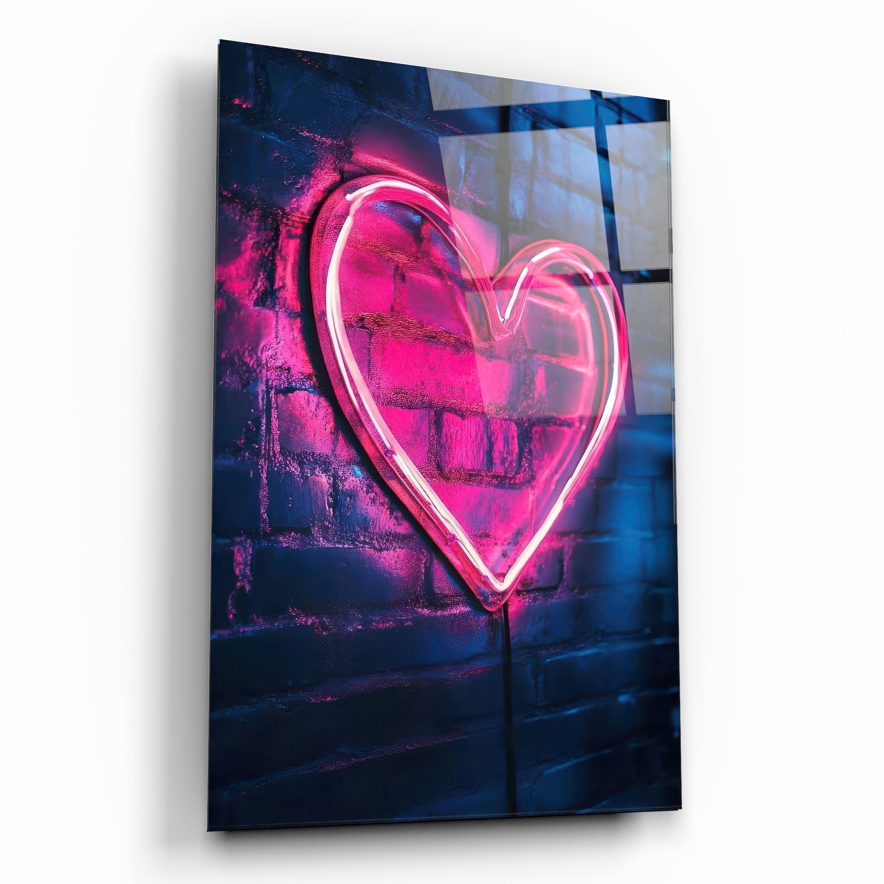 Neon Pembe Kalp ve Tuğla Duvar Görünümlü Cam Tablo