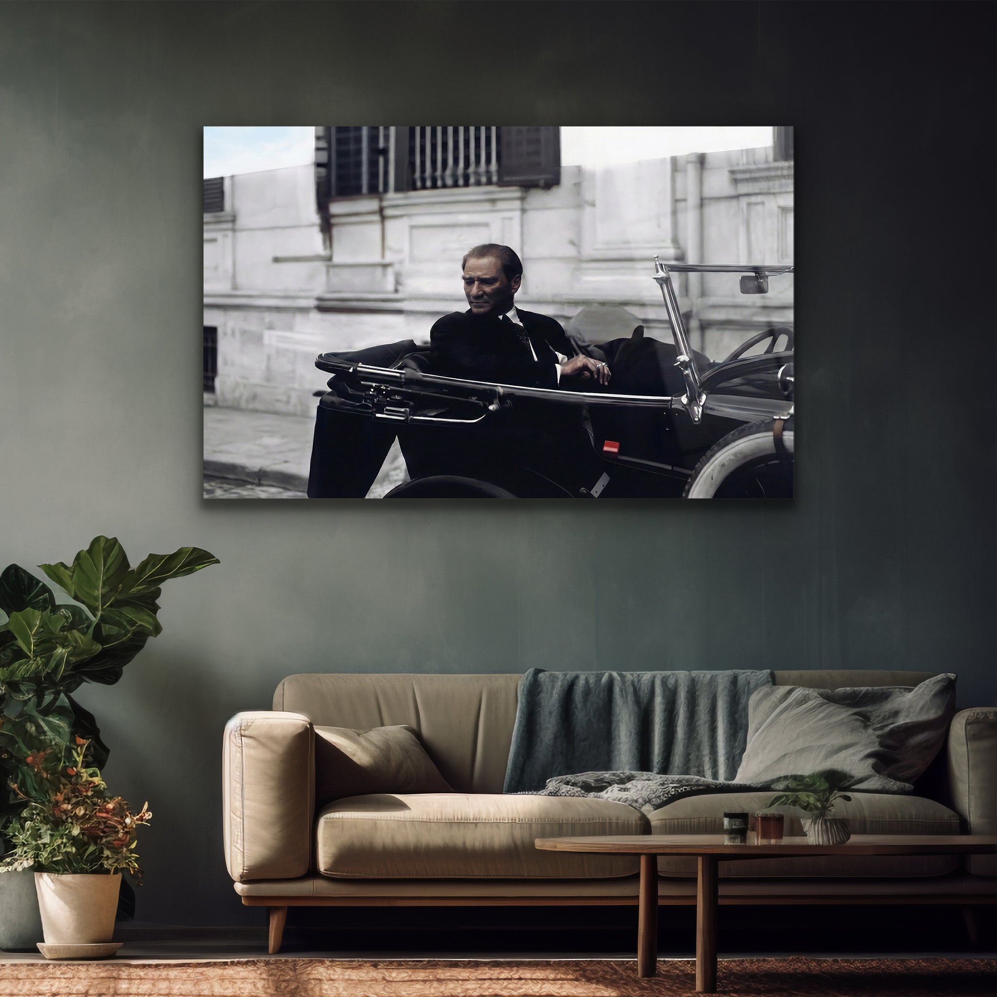 nostaljik vintage araba ve tarihi lider atatürk posteri