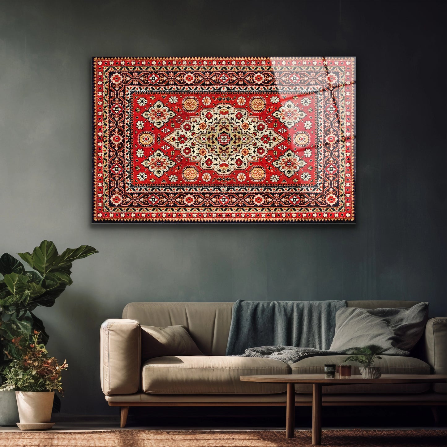 Yatay formda nostaljik halı görünümlü temperli cam tablo