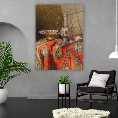 orientalist still life antique pitcher red fabric glass art