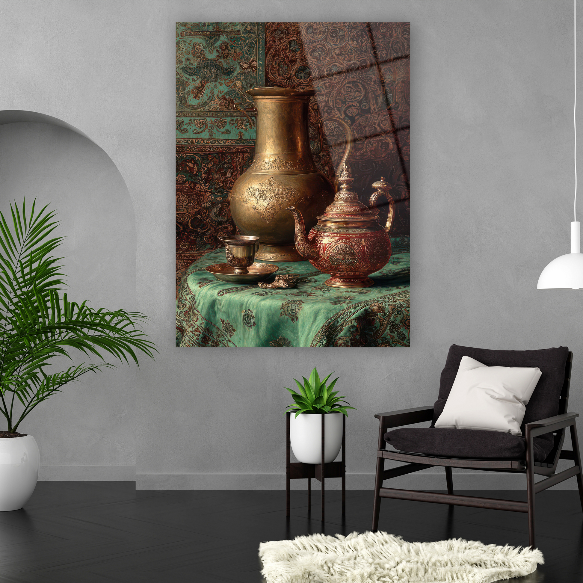 orientalist antique copper pitcher green fabric glass art