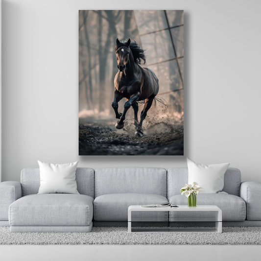 Sisli ormanda koşan siyah at manzaralı cam tablo