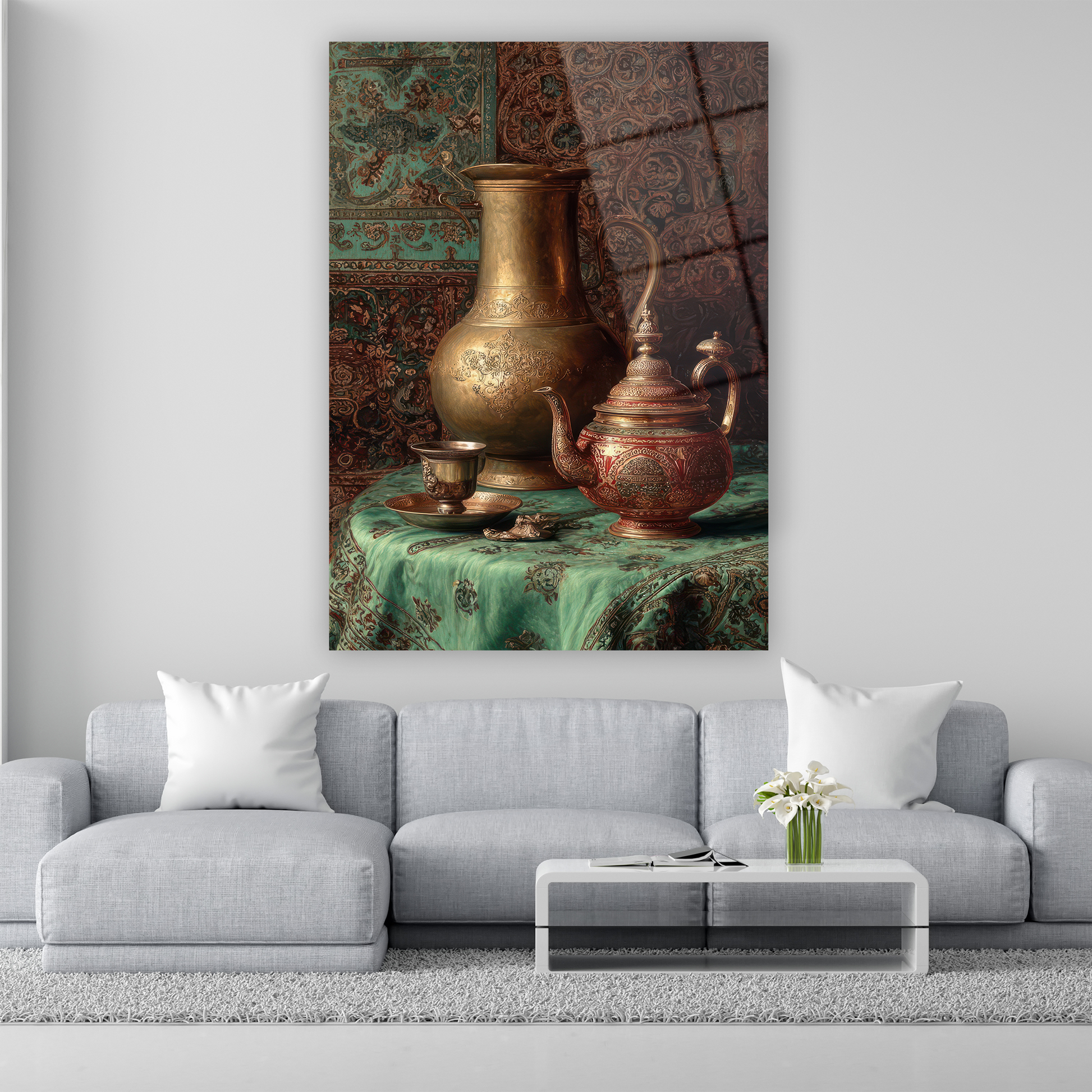 oryantalist tarzda antika bakır ibrik ve yeşil örtülü cam tablo