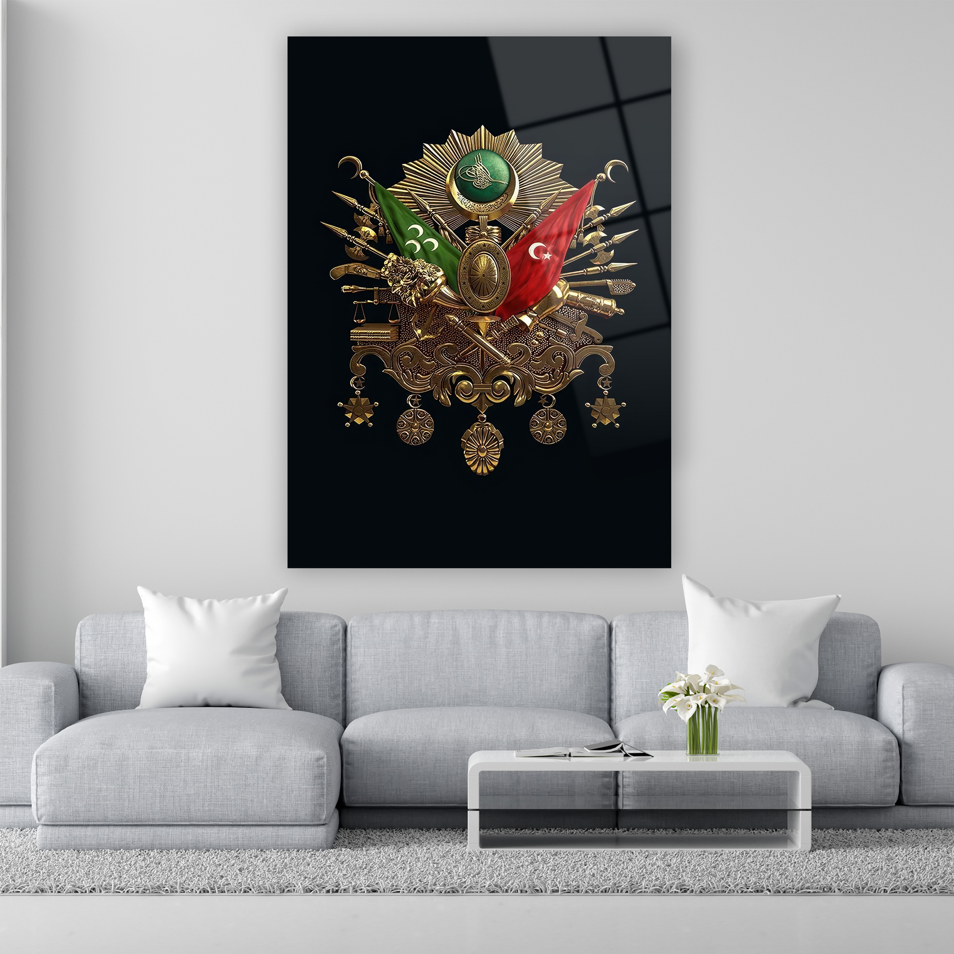 siyah zemin üzerine altın rengi osmanlı devlet arması cam tablo