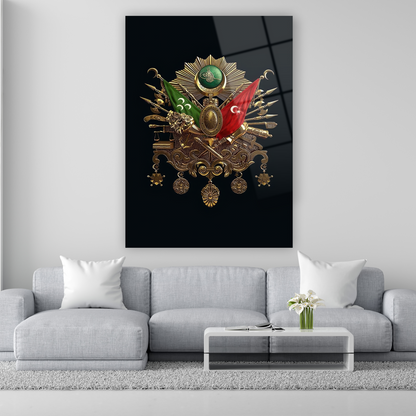 siyah zemin üzerine altın rengi osmanlı devlet arması cam tablo