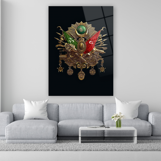 siyah zemin üzerine altın rengi osmanlı devlet arması cam tablo