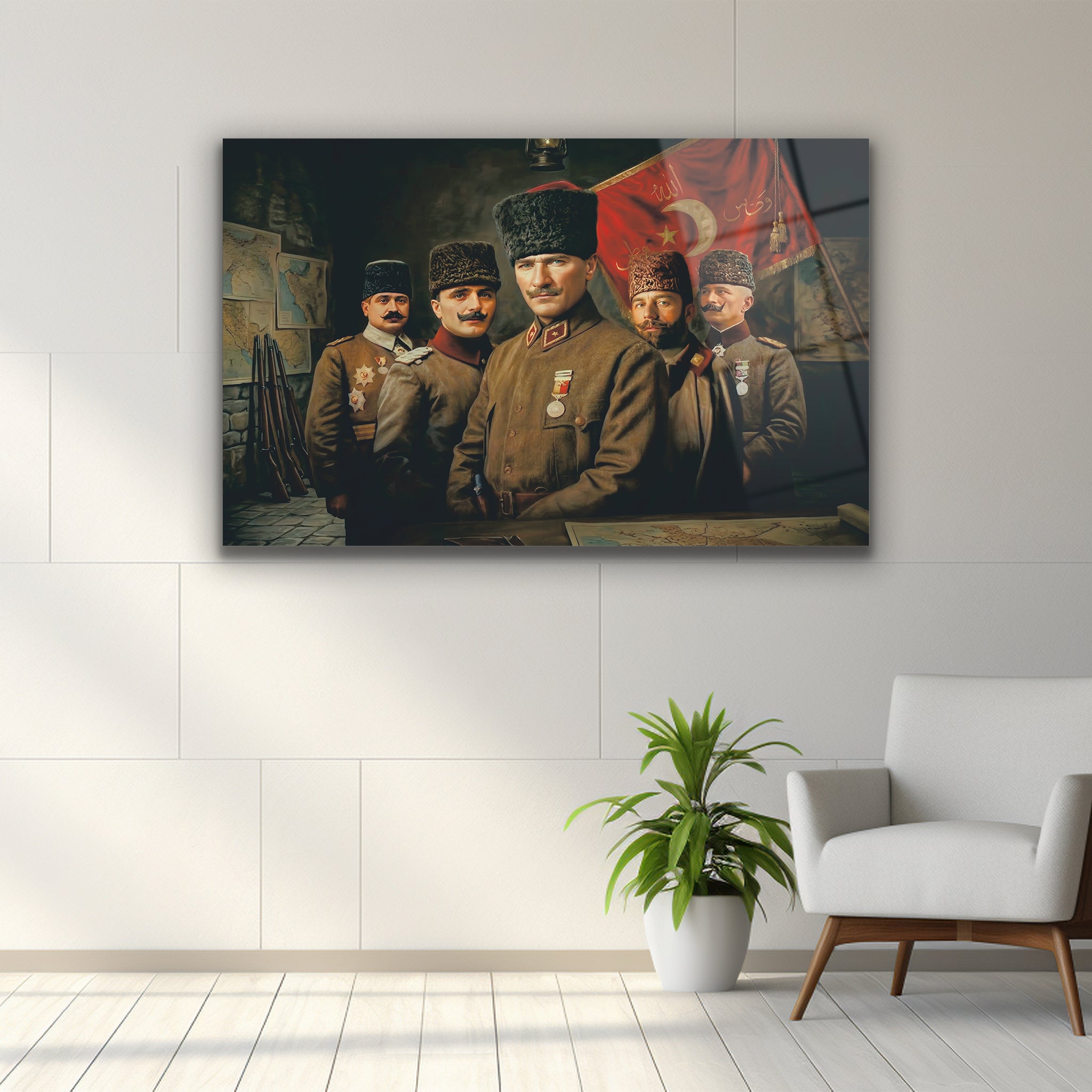 Atatürk ve Silah Arkadaşları Cam Tablo, Gazi Mustafa Kemal Atatürk ve silah arkadaşları duvarda sergilenen sanatsal tablo.
