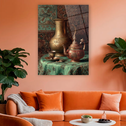 osmanlı motifli tarihi objeler ve zümrüt yeşili kumaş posteri