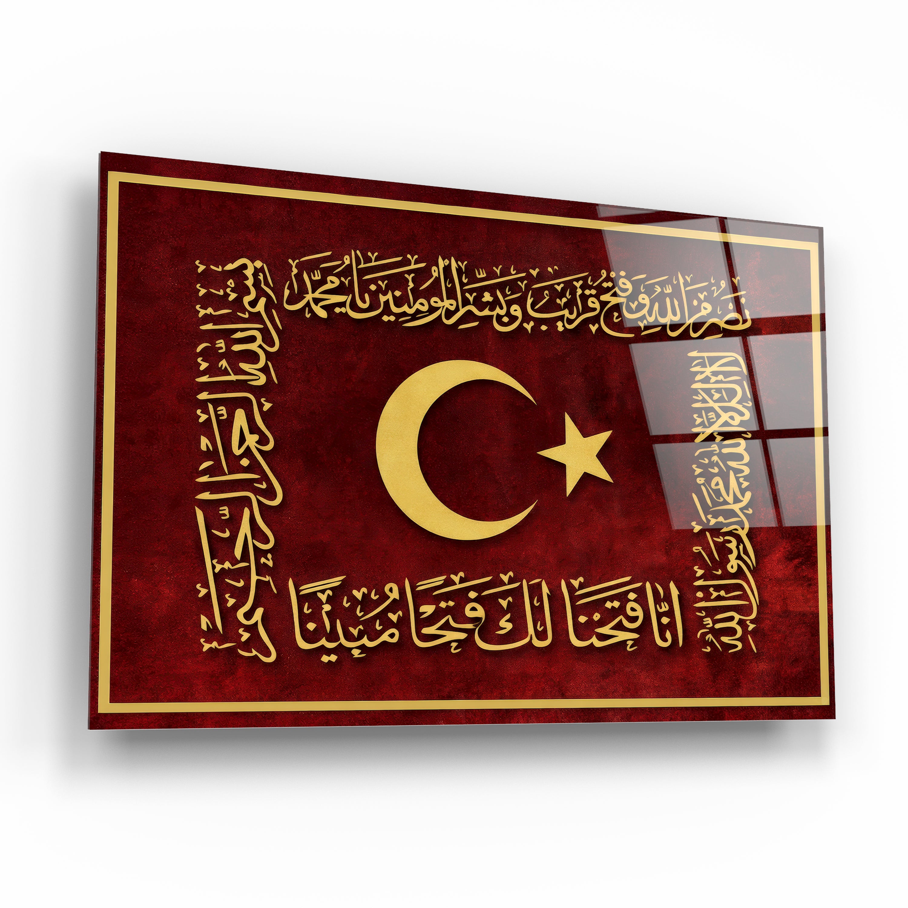 Fetih Suresi ve Ay Yıldız Temalı Osmanlı Sancağı Cam Tablo