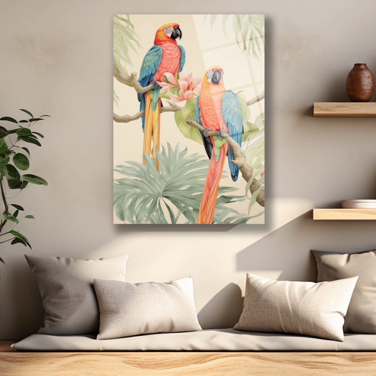 Papağan tüylerinin detaylı illüstrasyonu ve pastel renkli cam baskı