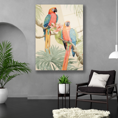 Dikey formda sanatsal papağan desenli temperli cam dekorasyon ürünü