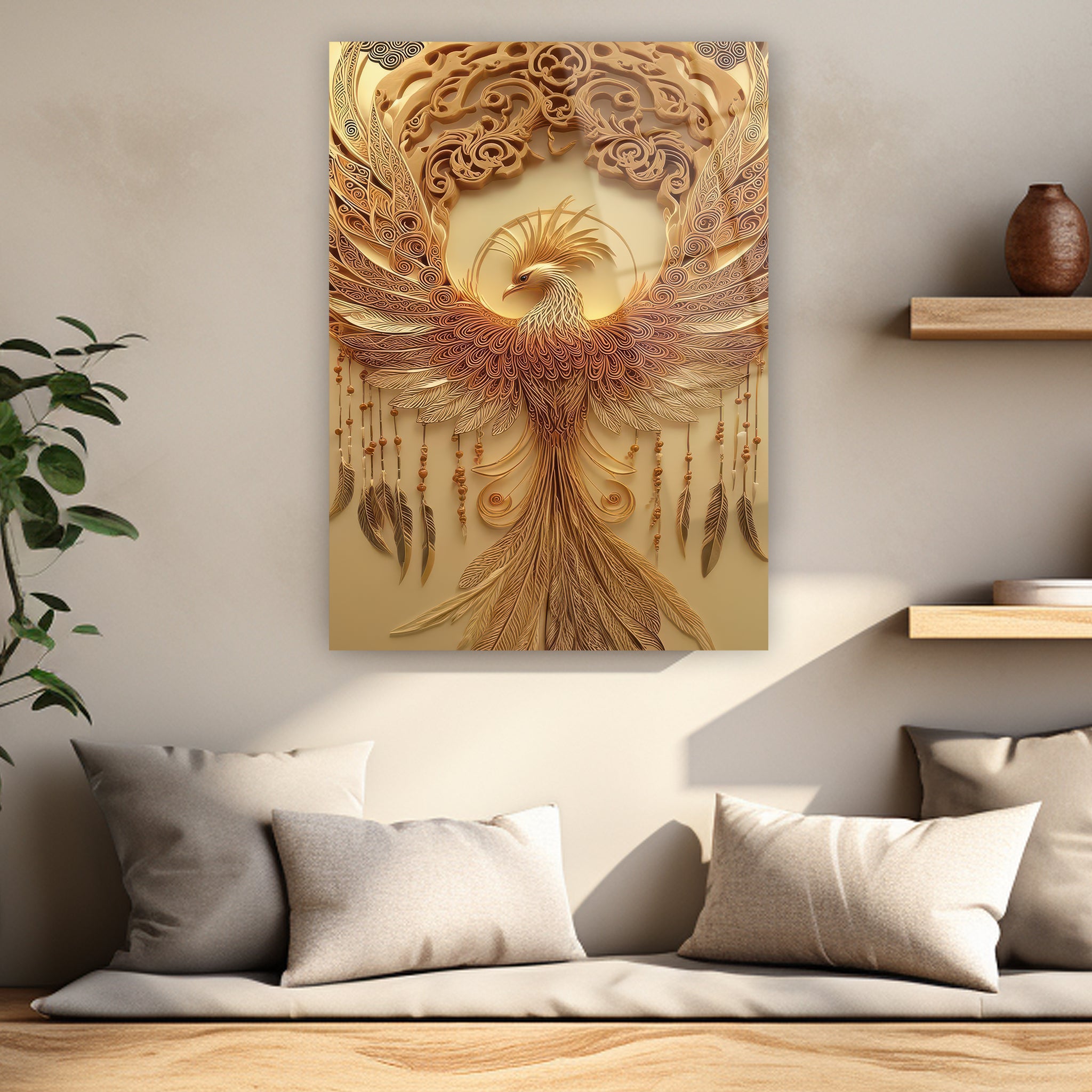 golden phoenix paper quilling style glass art